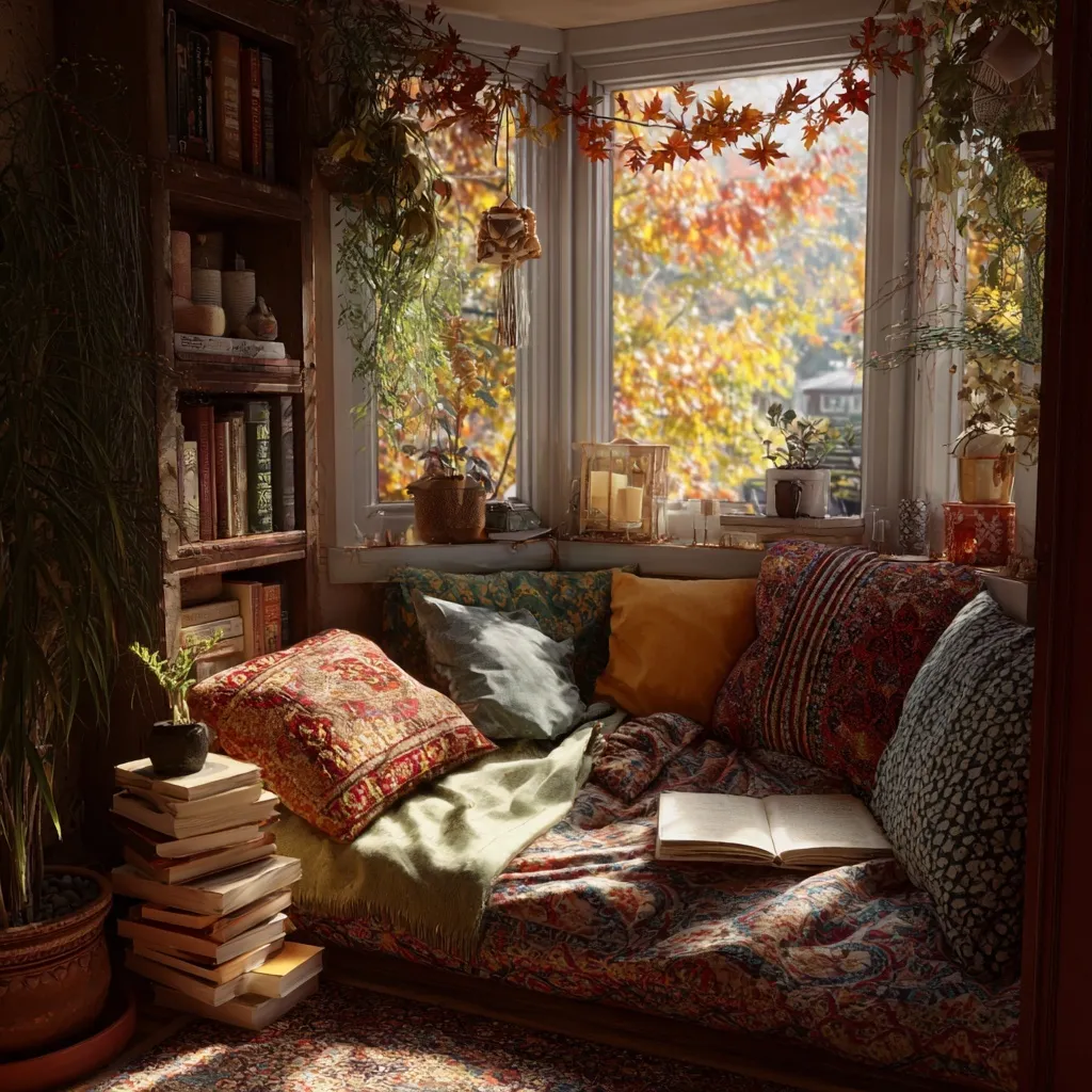 Cozy reading nook with a comfortable chair by a window showing bright autumn fall foliage.