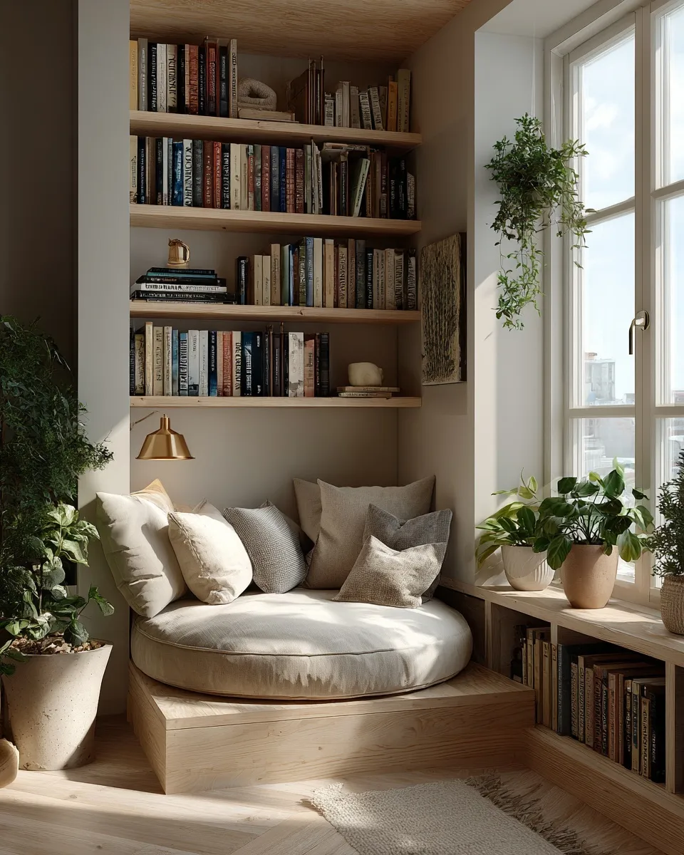 A cozy minimalist reading nook with wooden bookshelves, a soft chair, warm lamp lighting, and indoor plants.