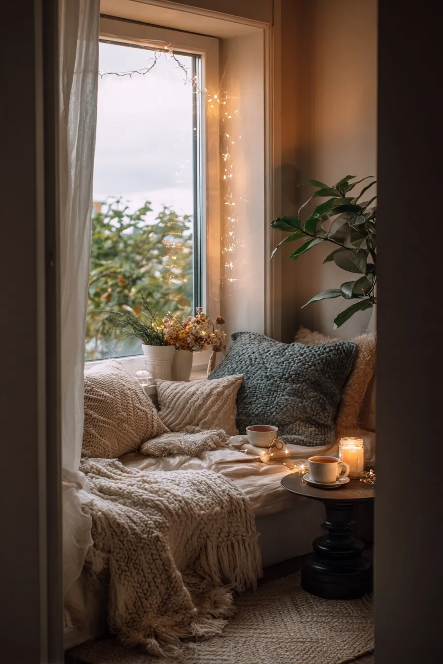 A cozy reading corner by a window with a plush blanket, soft lamp lighting, and a cup of tea in a tidy living room.