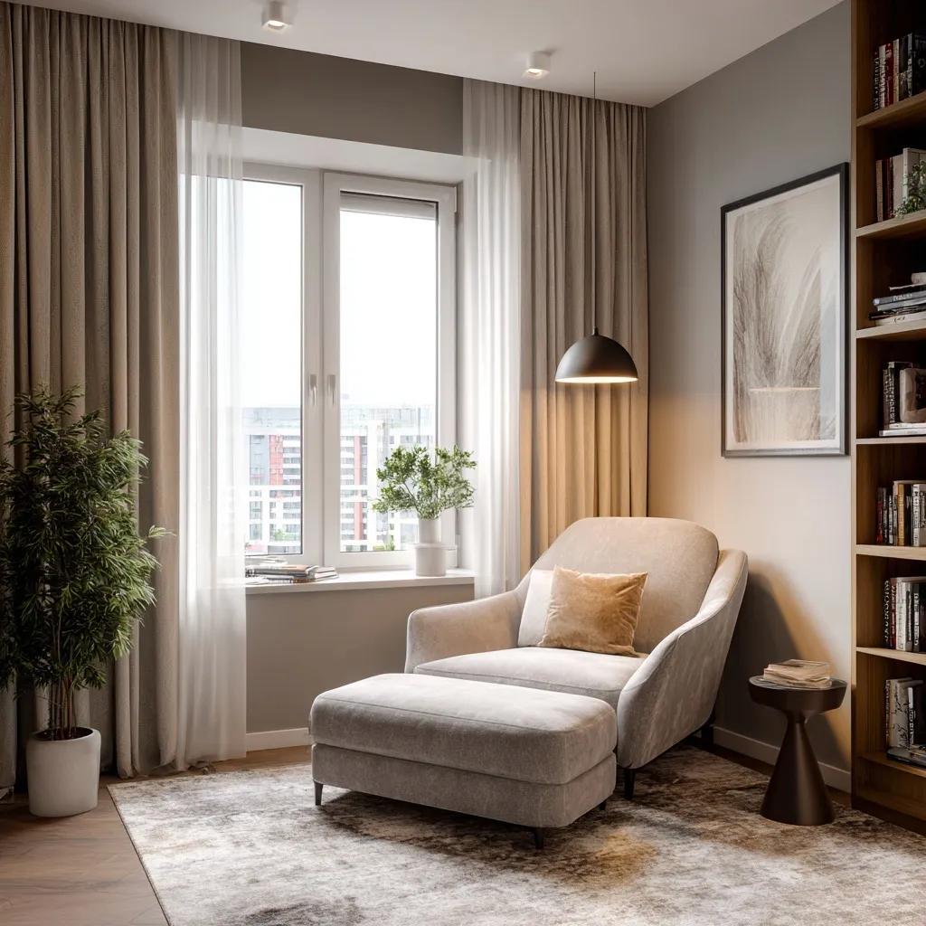 A bright, modern living room reading corner by a window with neat curtains and natural light.
