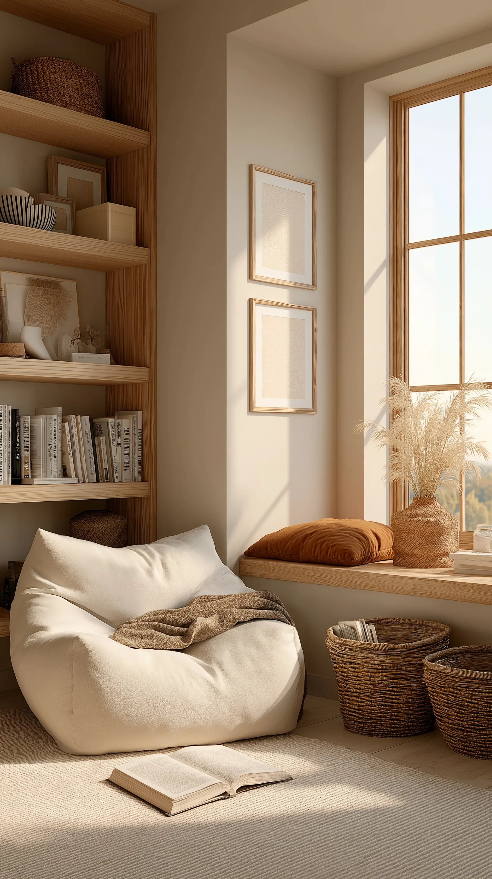 Cozy minimalist reading nook with a beanbag, books, and warm golden hour sunlight in a modern Scandinavian home.