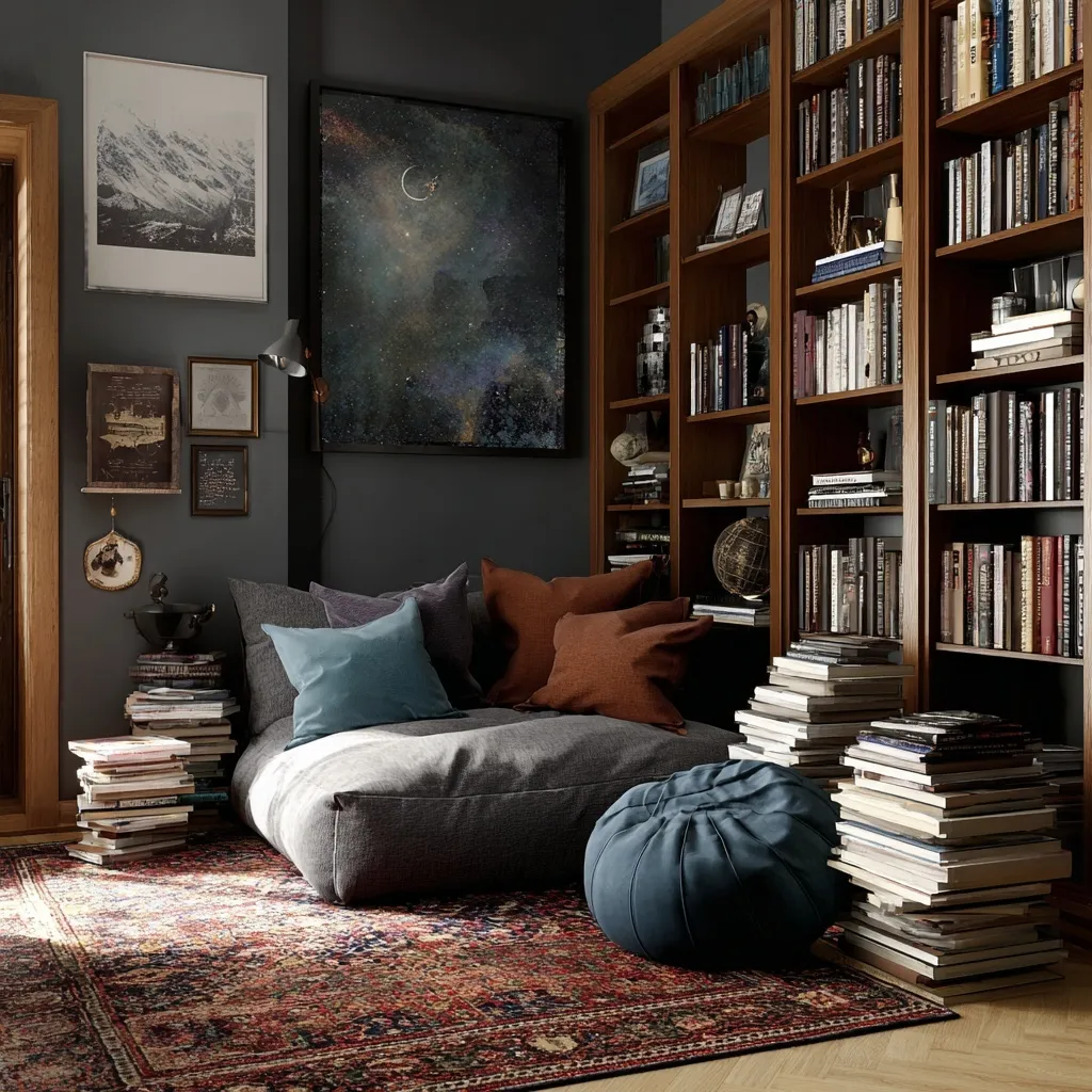 A cozy modern home library with stacks of books and a magical Scottish interior aesthetic.