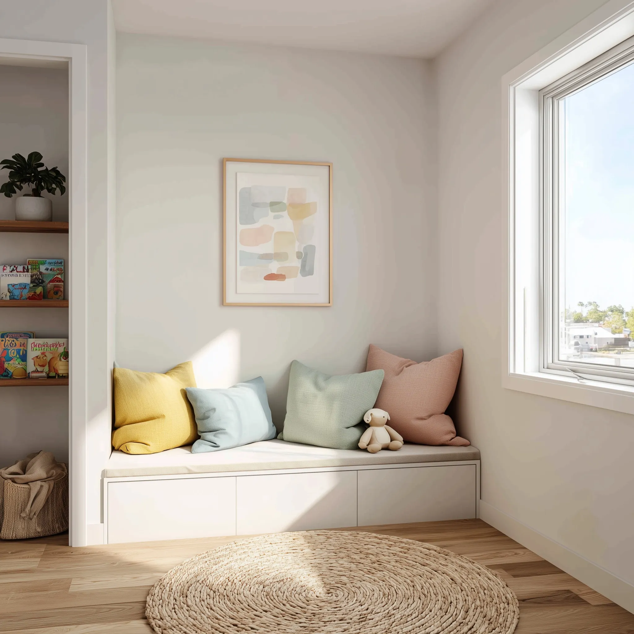 Vertical 18x24 wooden frame mockup on white wall in a cozy, bright kids' playroom with colorful decor.
