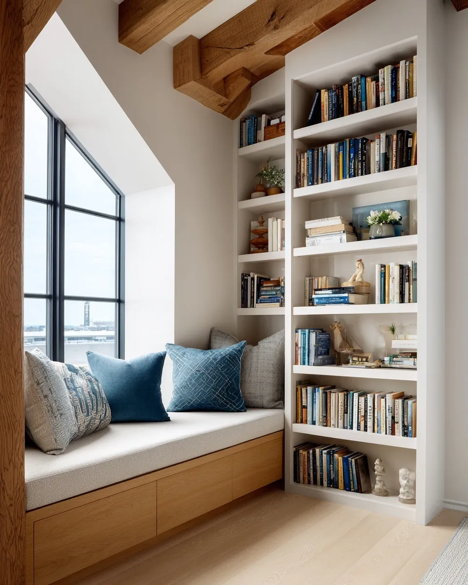 Modern cozy reading nook in a living room with built-in bookshelves, light wood floors, and blue throw pillows.