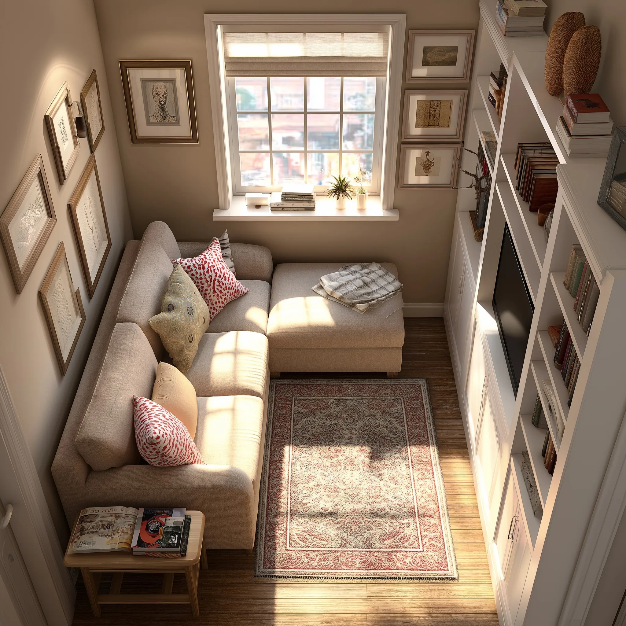 A cozy, cluttered living room corner with a comfortable sofa and warm natural light for reading.