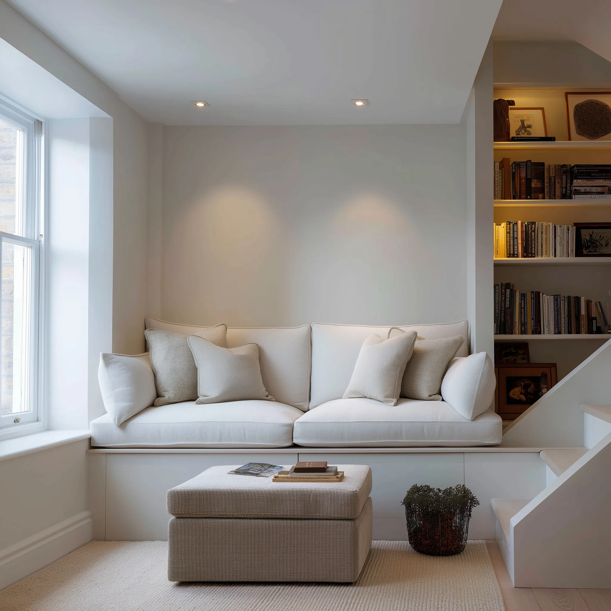 A cozy reading nook with a plush velvet sofa, upholstered ottoman, and soft ambient lighting against a white wall.