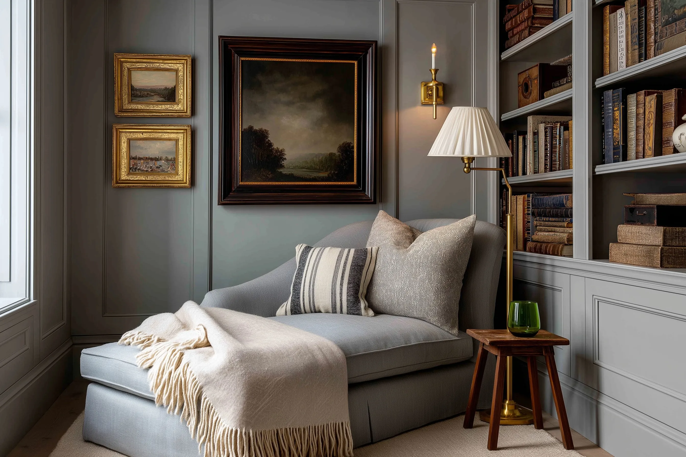 Cozy reading nook with a plush gray chaise lounge, vintage artwork, and warm lighting in a serene home interior.