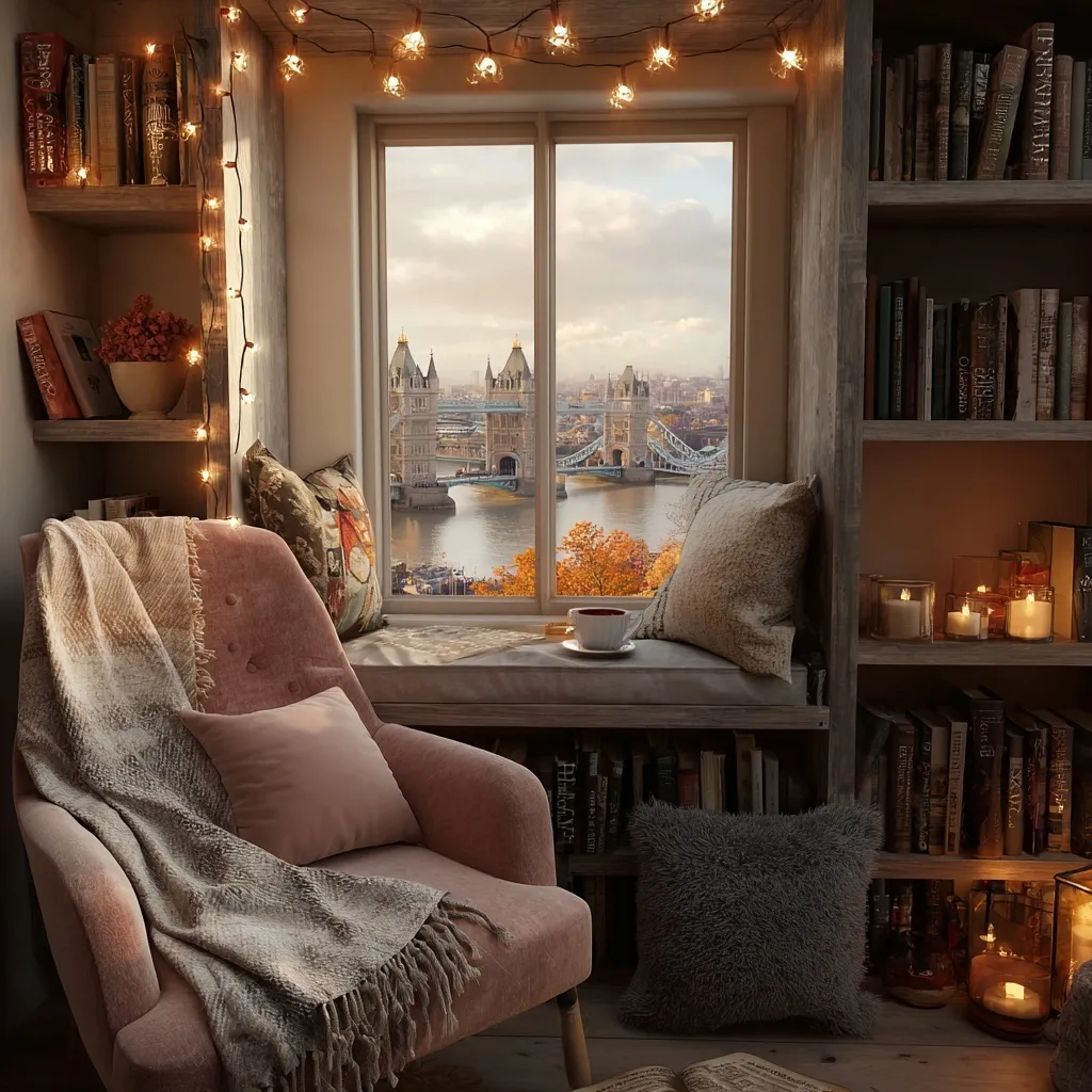 Cozy reading nook with a pink armchair, books, and autumn London window view in a student apartment.