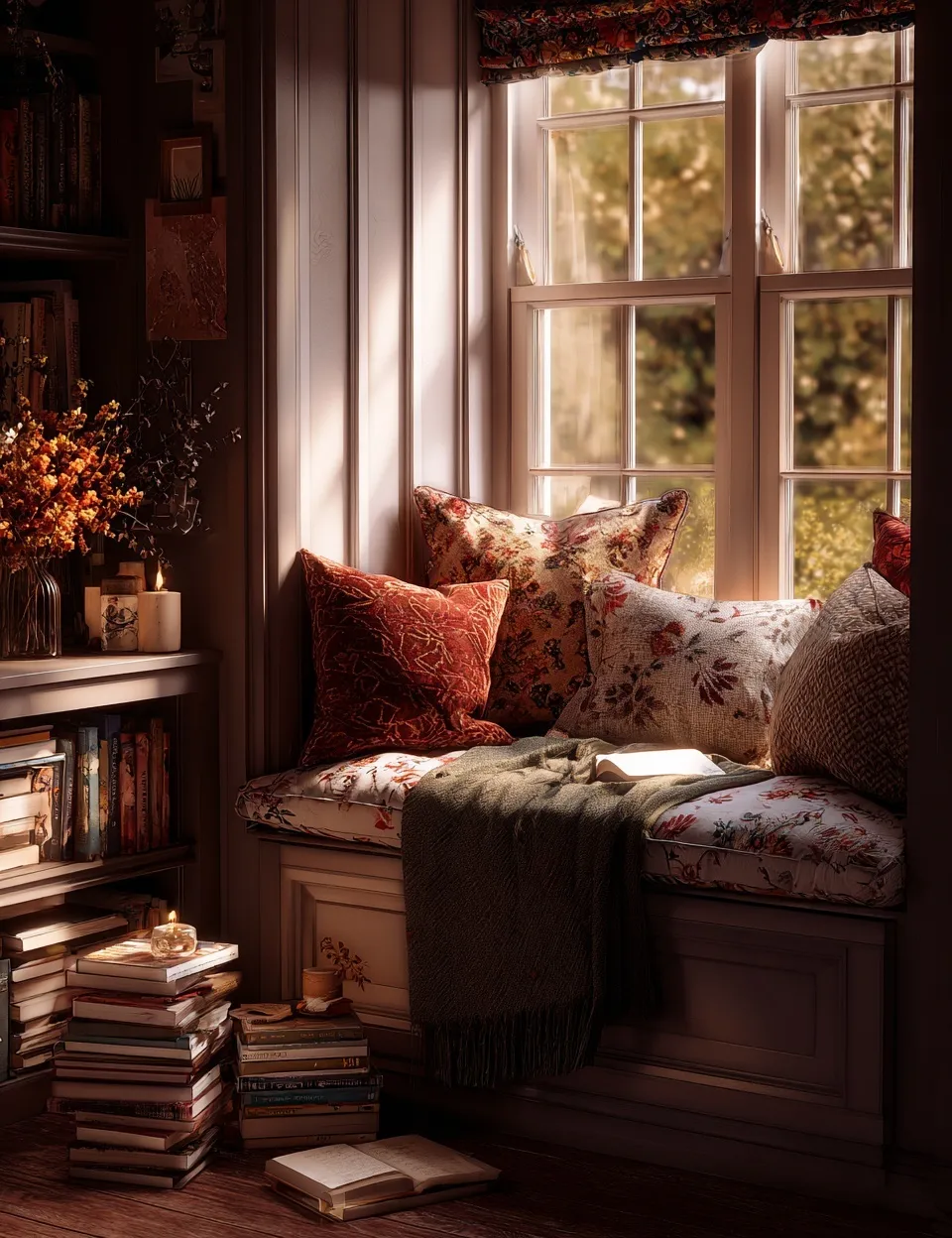 Cozy cottage window seat with books and cushions in a warm autumn aesthetic with soft, inviting lighting.