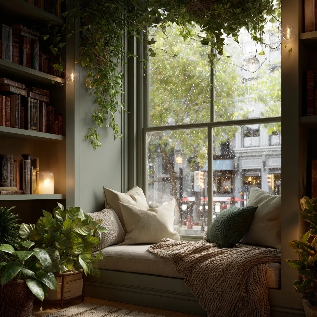 Cozy reading nook with books, plants, and a rainy window view, creating a peaceful and warm atmosphere.