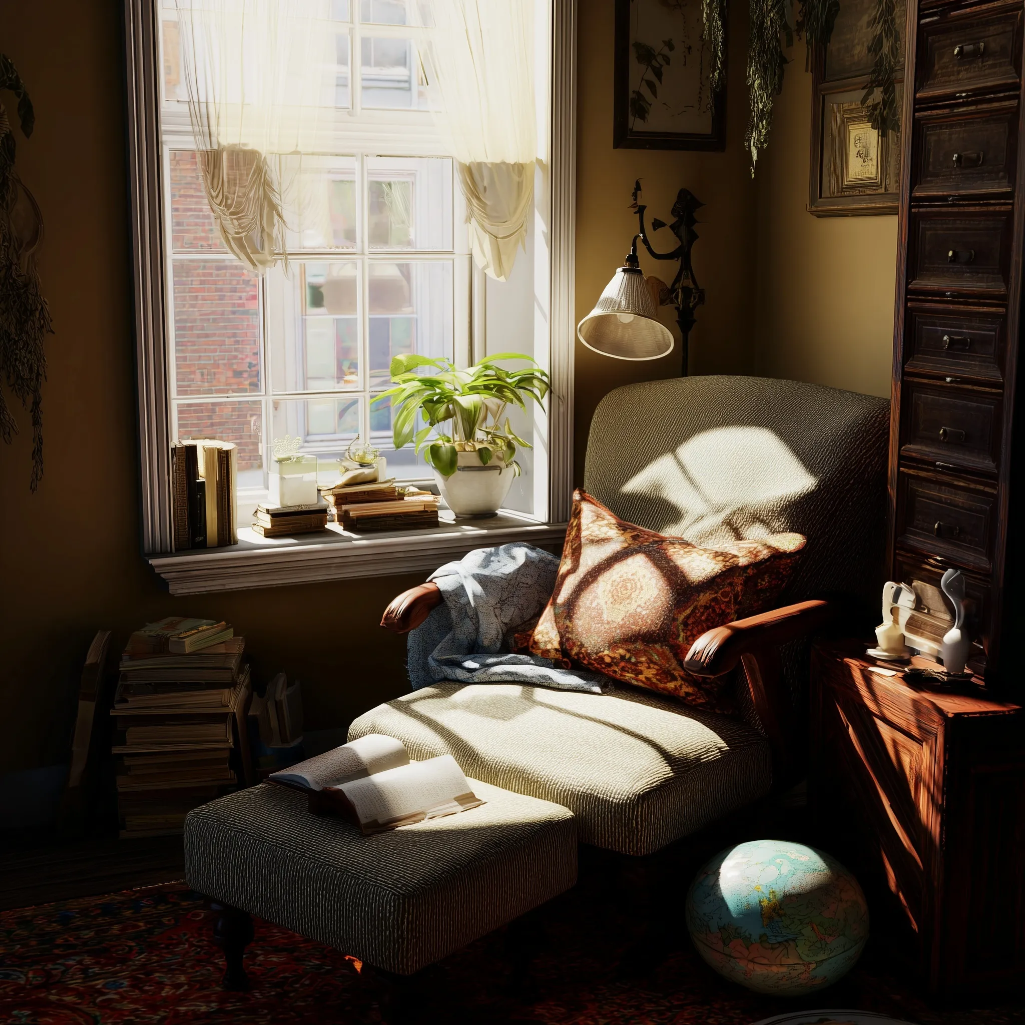 A cozy reading corner bathed in warm afternoon sunlight with a comfortable chair and books.