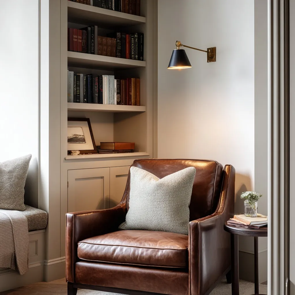 A cozy reading nook with a tobacco-brown leather armchair, brass lamp, and bookshelf in a modern-classic interior.