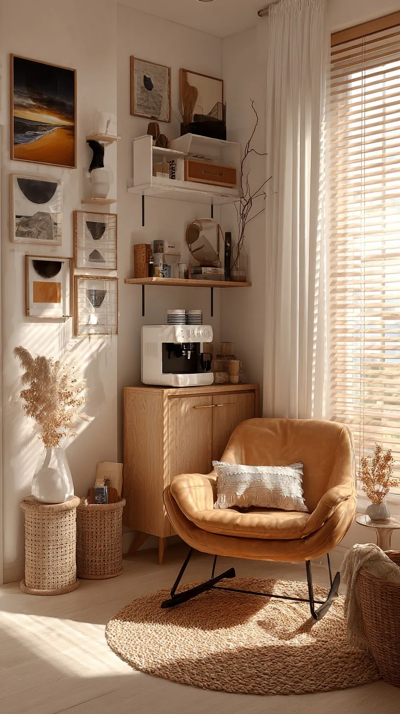 A cozy modern reading corner with a beige leather rocking chair, wooden cabinet, and soft sunlight by a balcony.