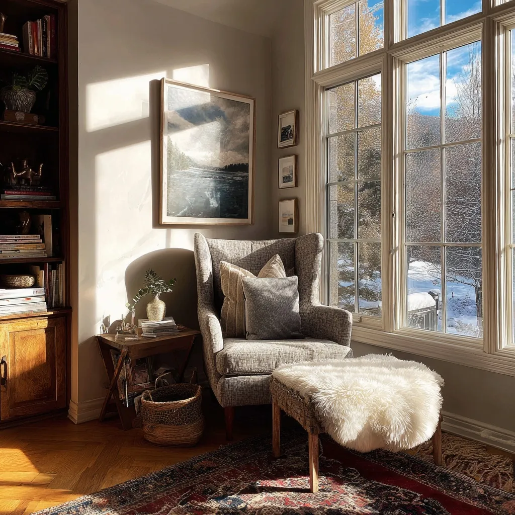 Sunny winter reading nook in a cozy, stylish home interior with comfortable furniture and warm natural light.