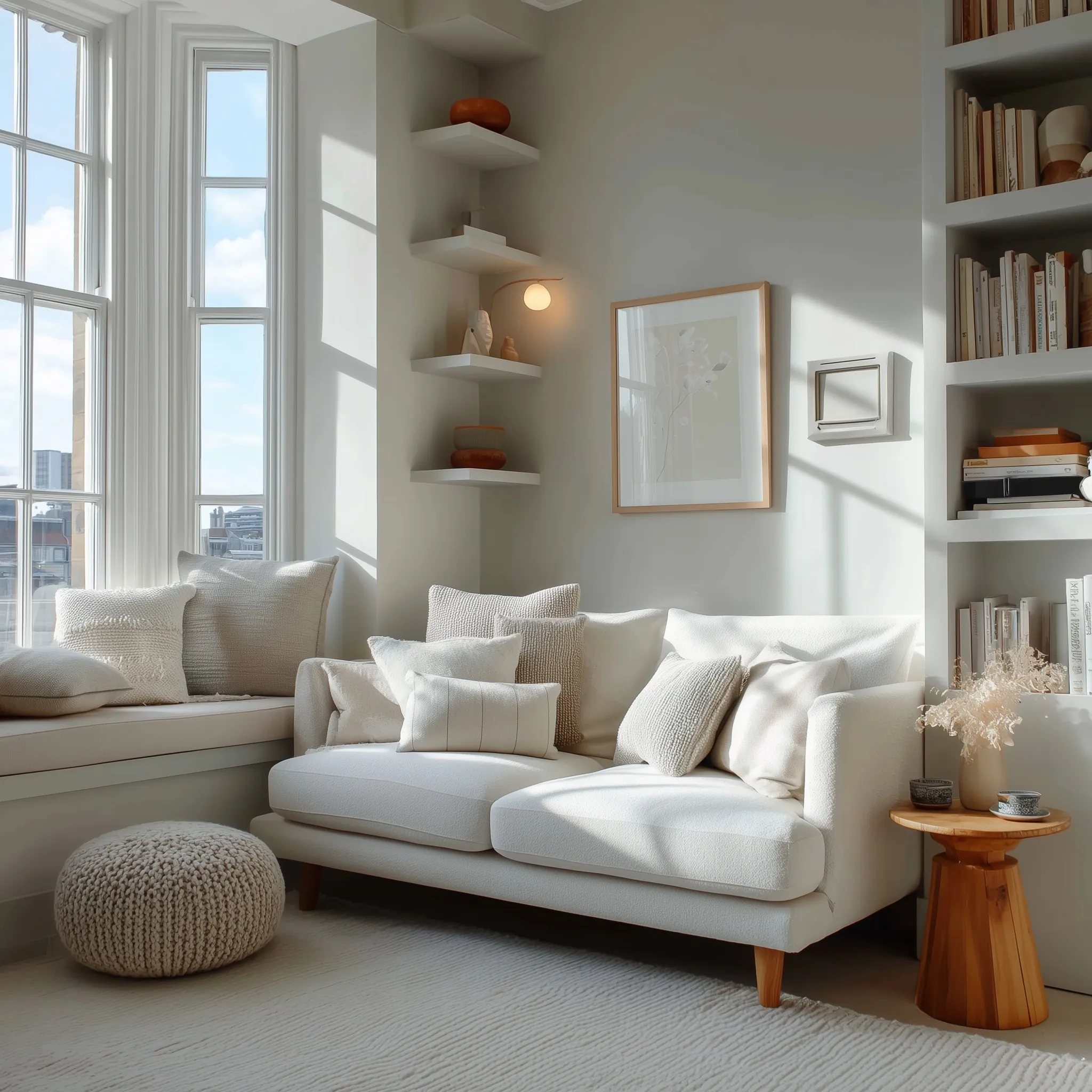 A bright, clean white living room corner with a comfortable reading nook and natural sunlight.