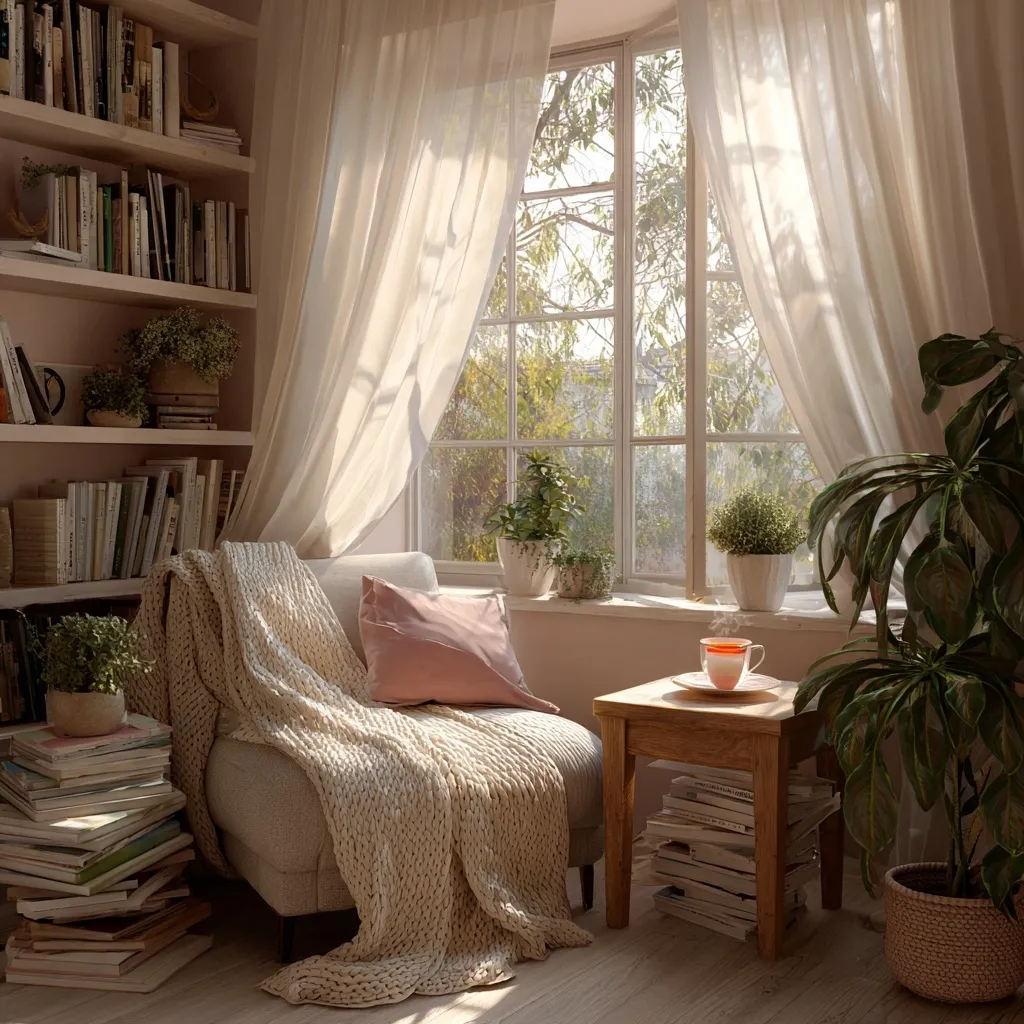 Sunlit reading nook with a cozy chair, tea, books, and houseplants by a window with flowing sheer curtains.