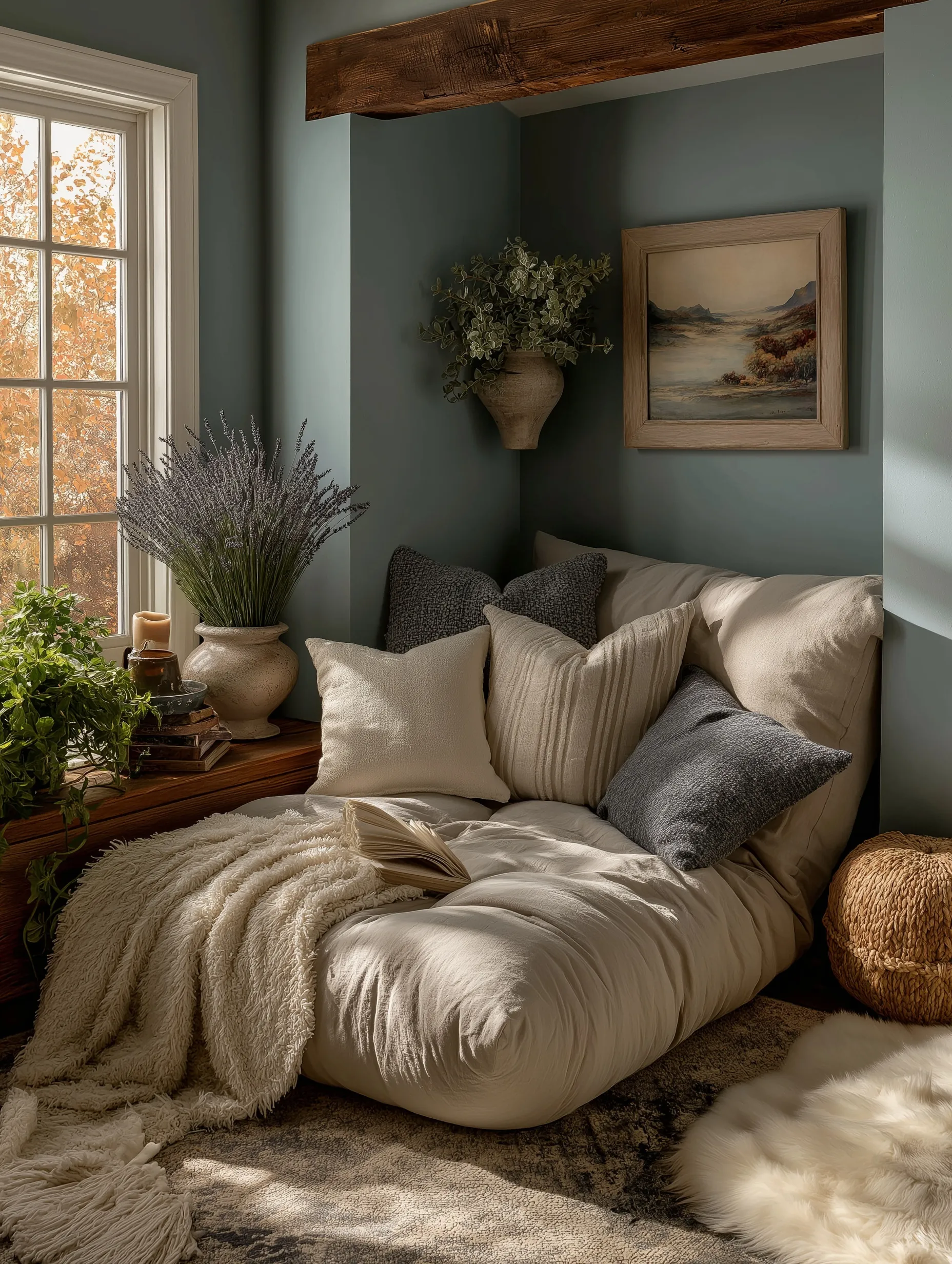 A cozy vintage-modern reading nook with an aqua blue accent wall, soft linens, and lavender in a sunlit sanctuary.