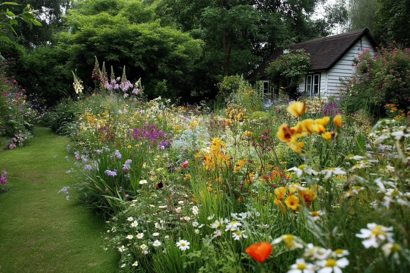 A vibrant English cottage garden filled with a variety of colorful wildflowers in full bloom.