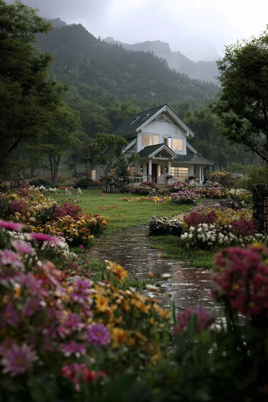 A cottagecore mountain villa garden at dusk after rain, featuring lush wildflowers, teacups, and a wet stone path.