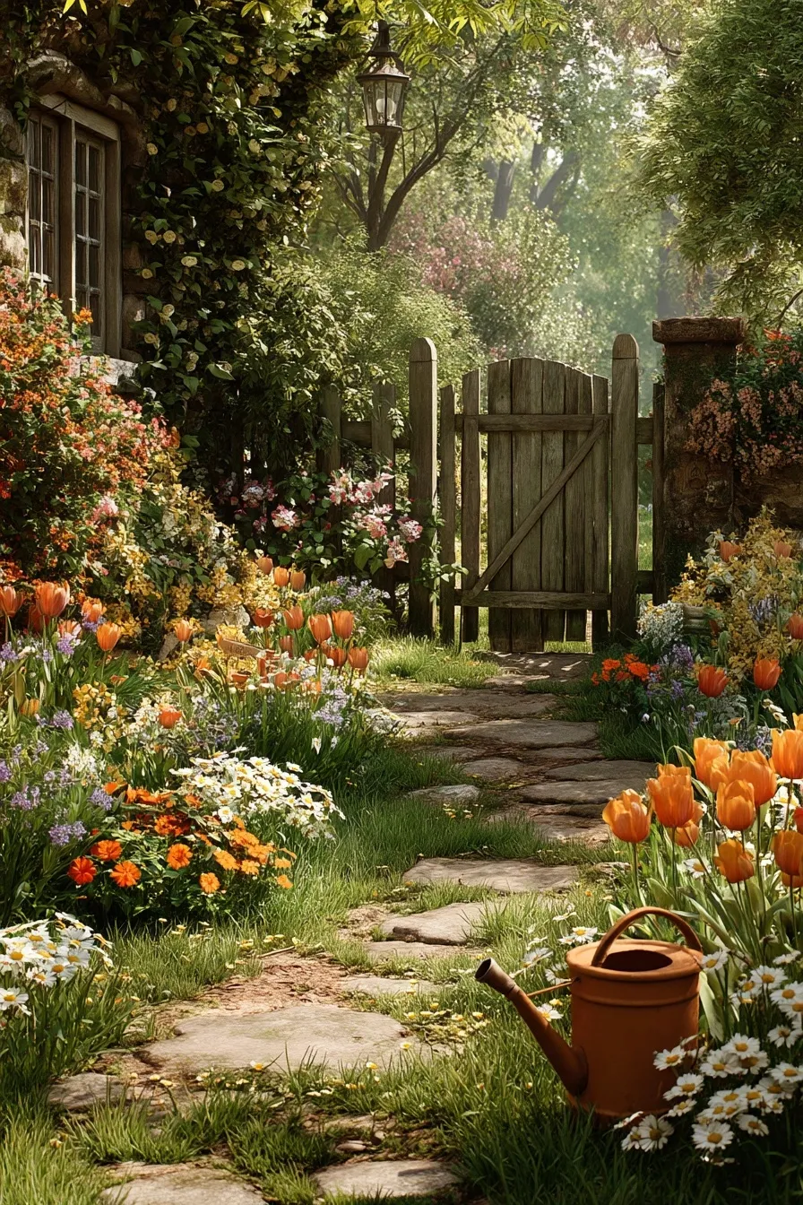 Sunny cottagecore garden with blooming tulips, daisies, a stone path, and a vintage watering can by a wooden fence.