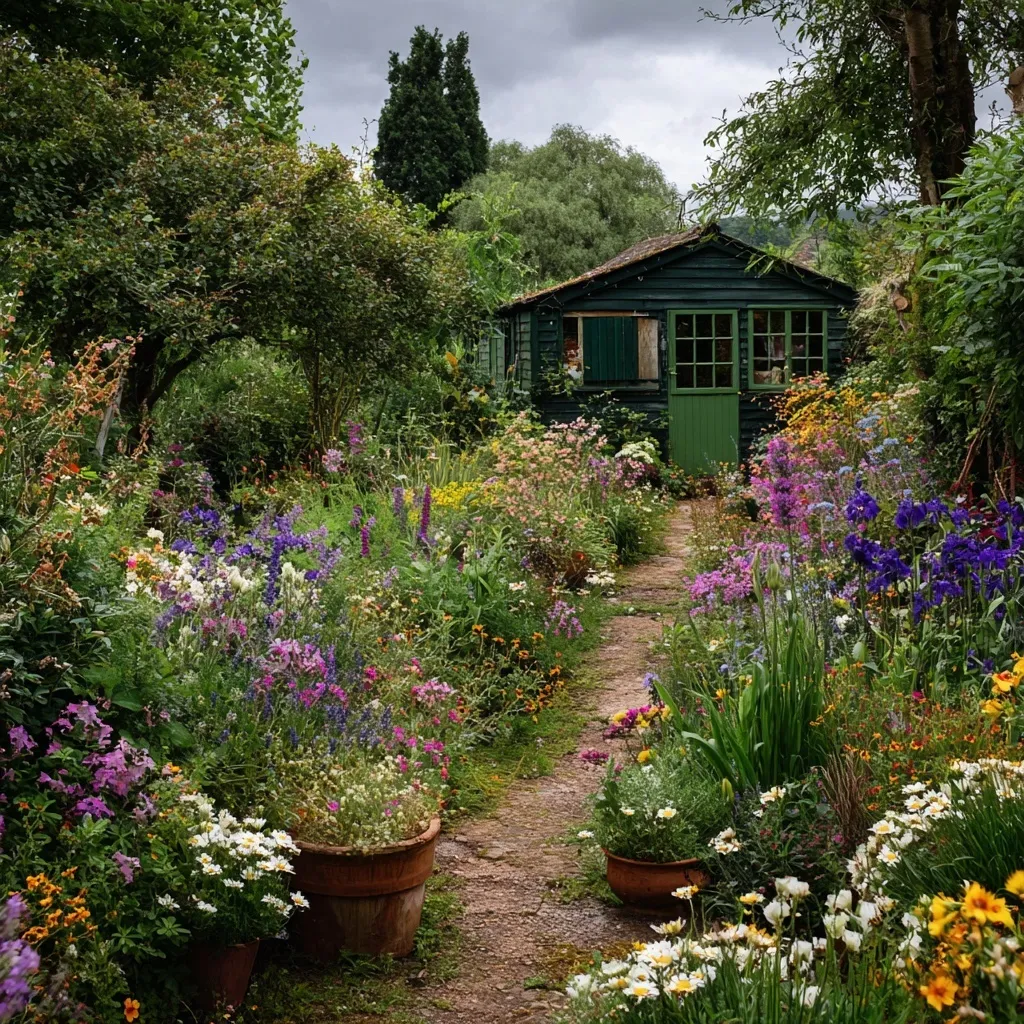 A wild cottagecore garden with blooming lavender, daisies, and a rustic green shed under a moody cloudy sky.