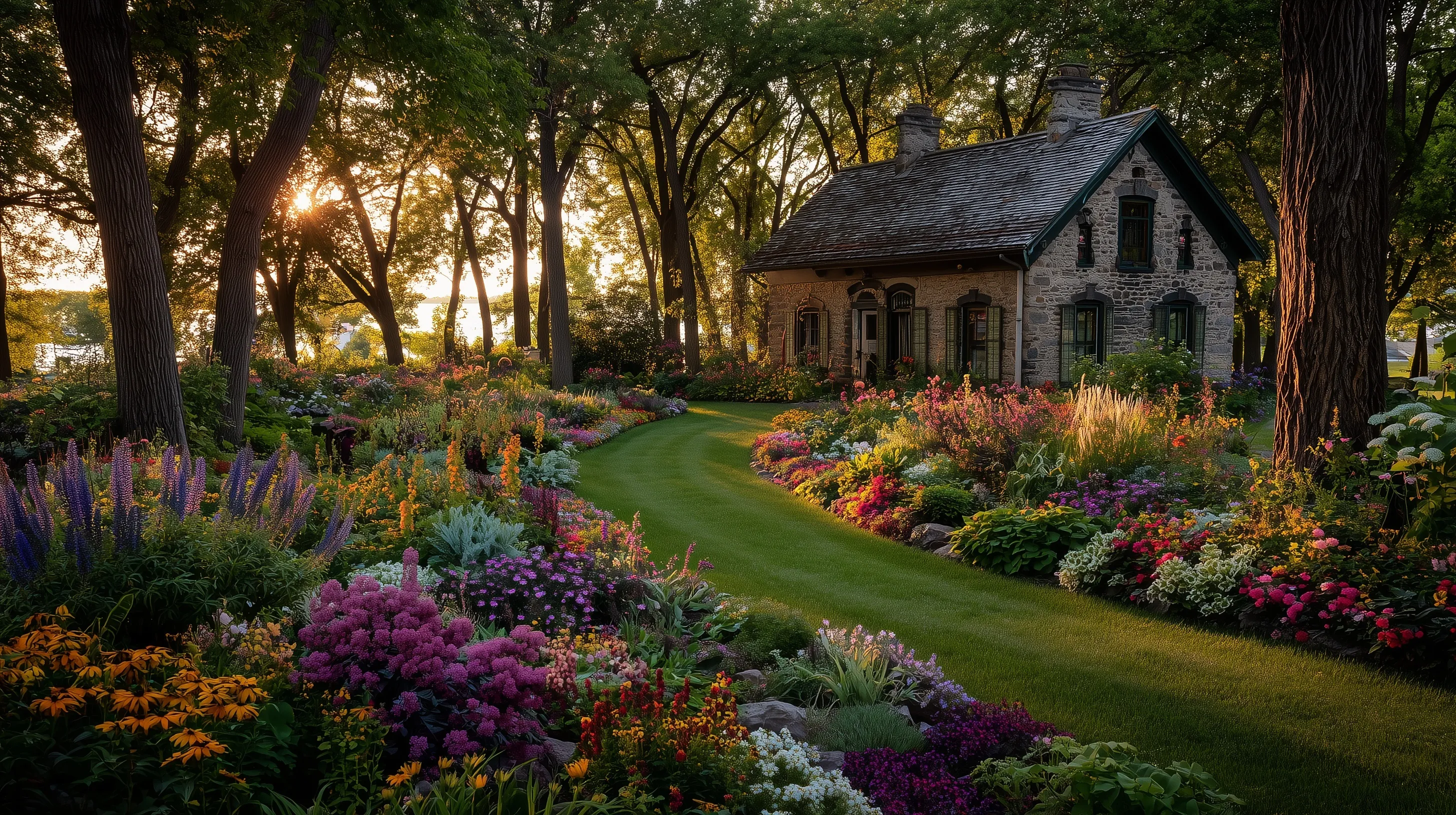 A vibrant cottagecore flower garden with a winding path leading to a rustic cottage under bright sunlight.