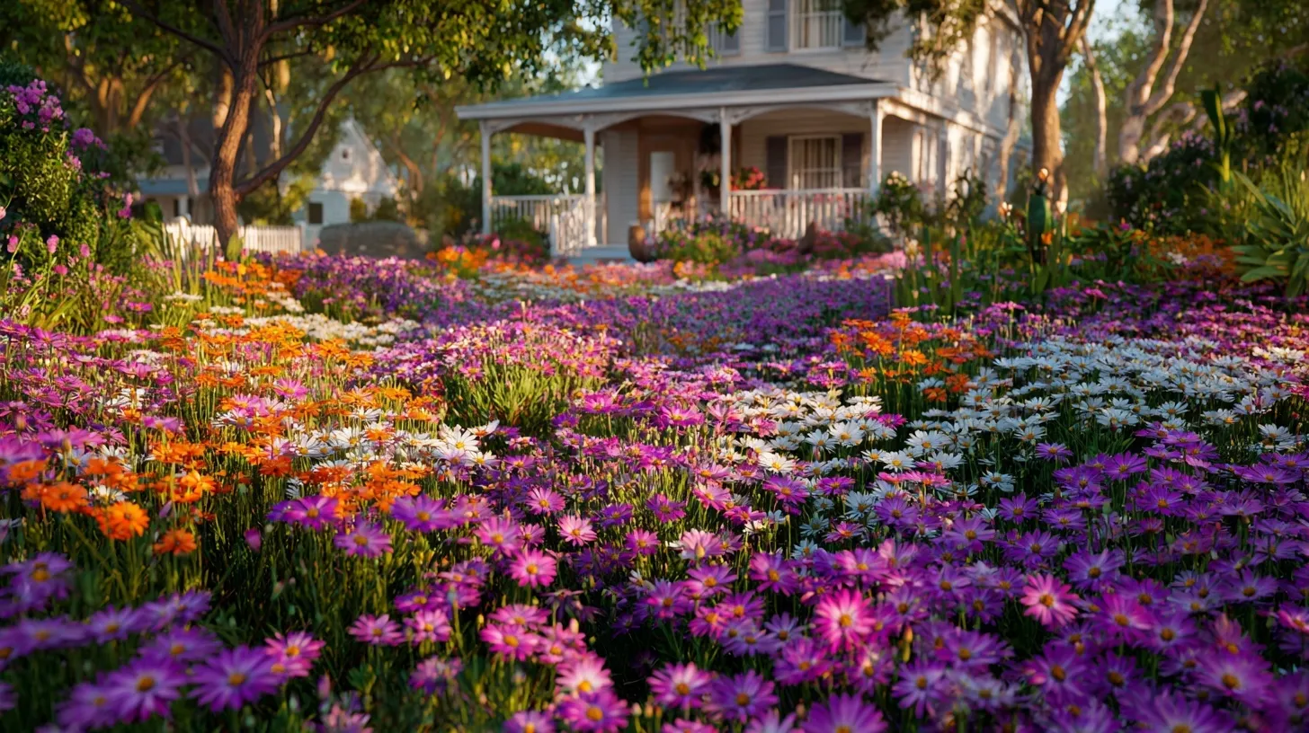 Vibrant African Daisy flower garden in front of a cozy American cottage house in full springtime bloom.