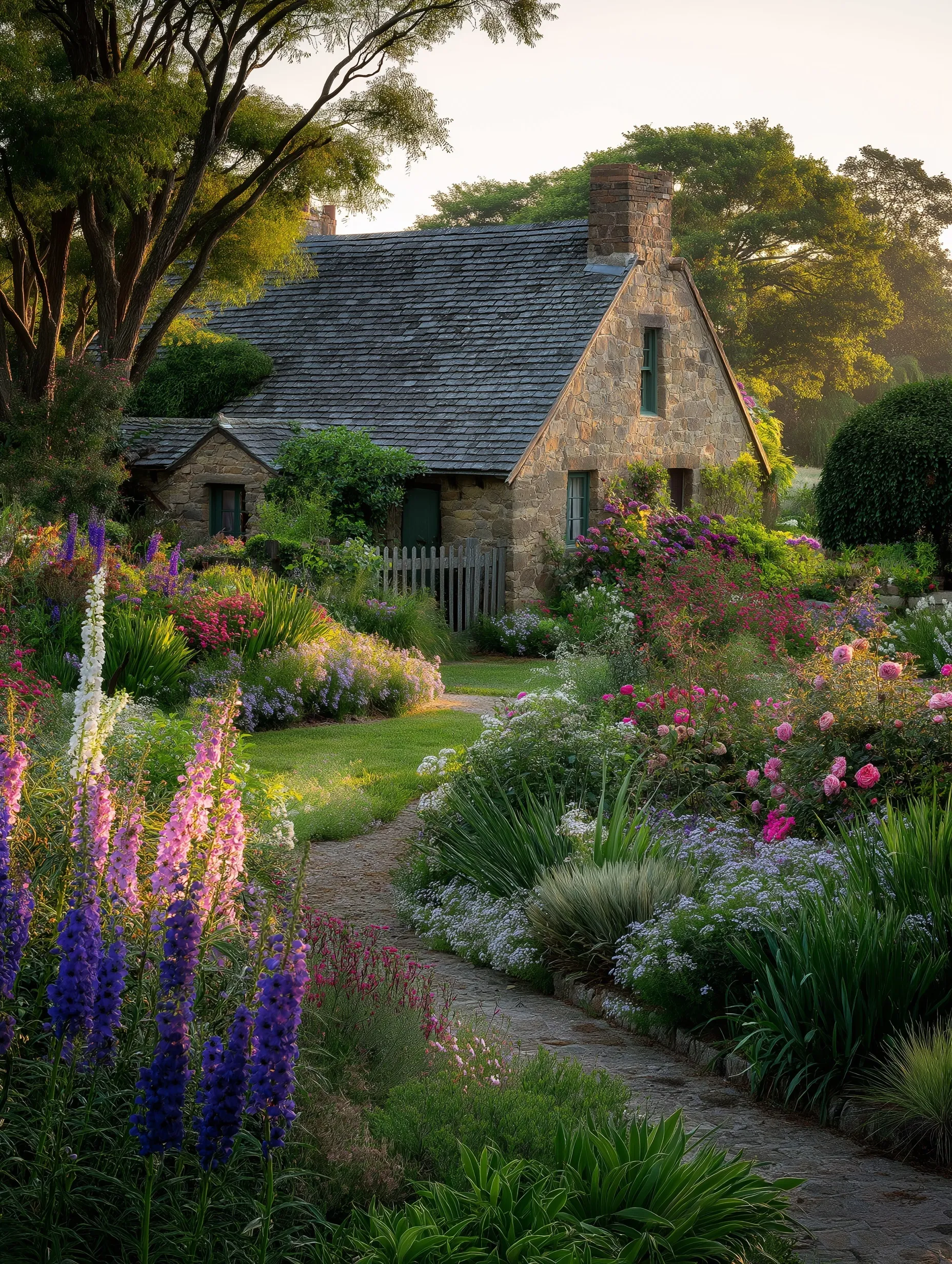 A charming English cottage garden with colorful summer flowers and dew-covered blooms at sunrise.