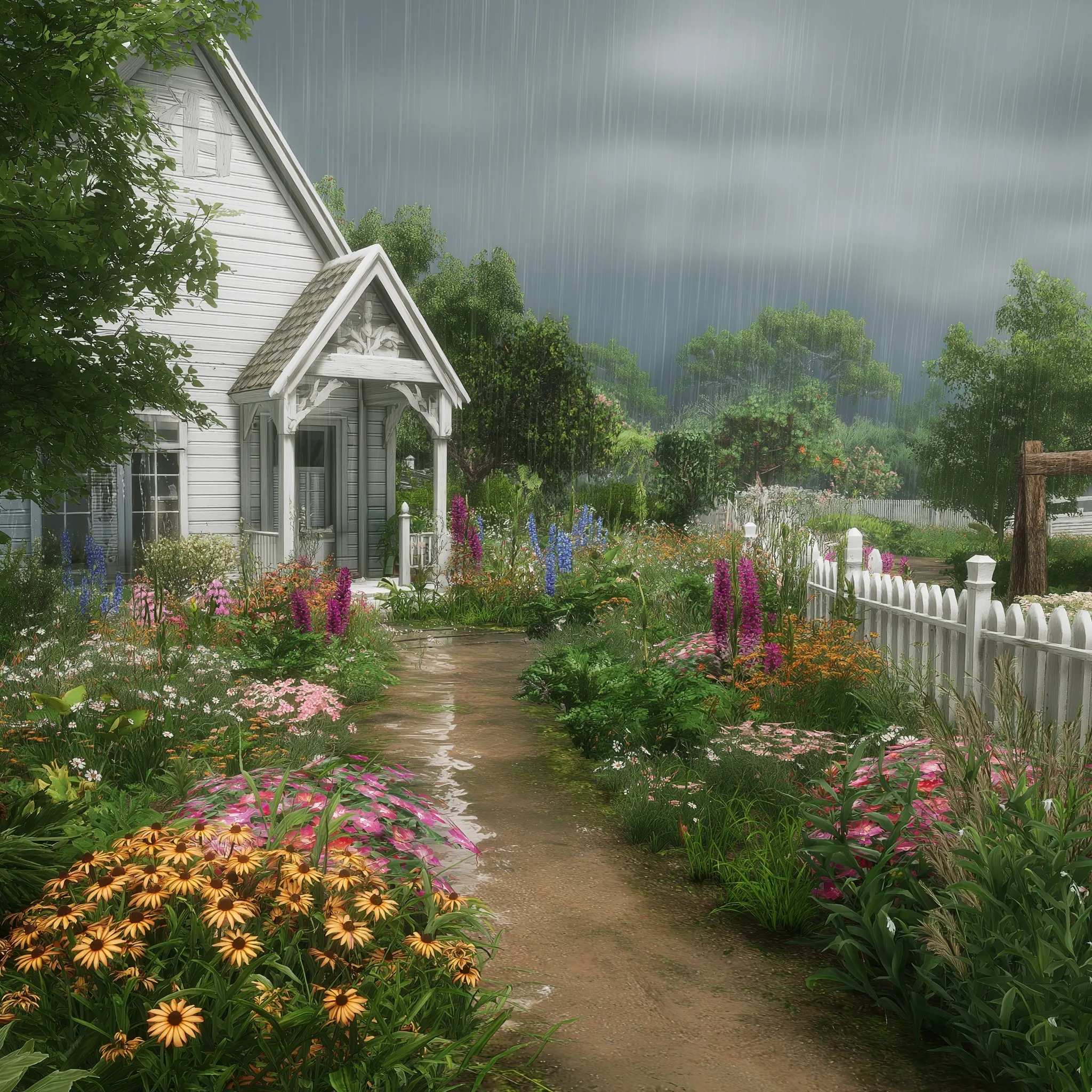 A moody, aesthetic cottagecore flower garden during a summer thunderstorm with vibrant blooms under dark rain clouds.
