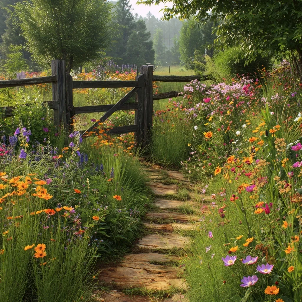 A winding path through a vibrant cottagecore wildflower garden leading toward a rustic wooden gate.