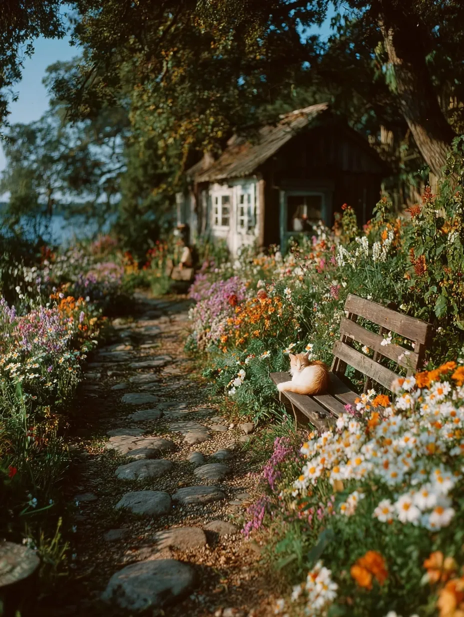 A winding path in a cottagecore flower garden with a sleeping cat on a bench, vintage 1970s film aesthetic.