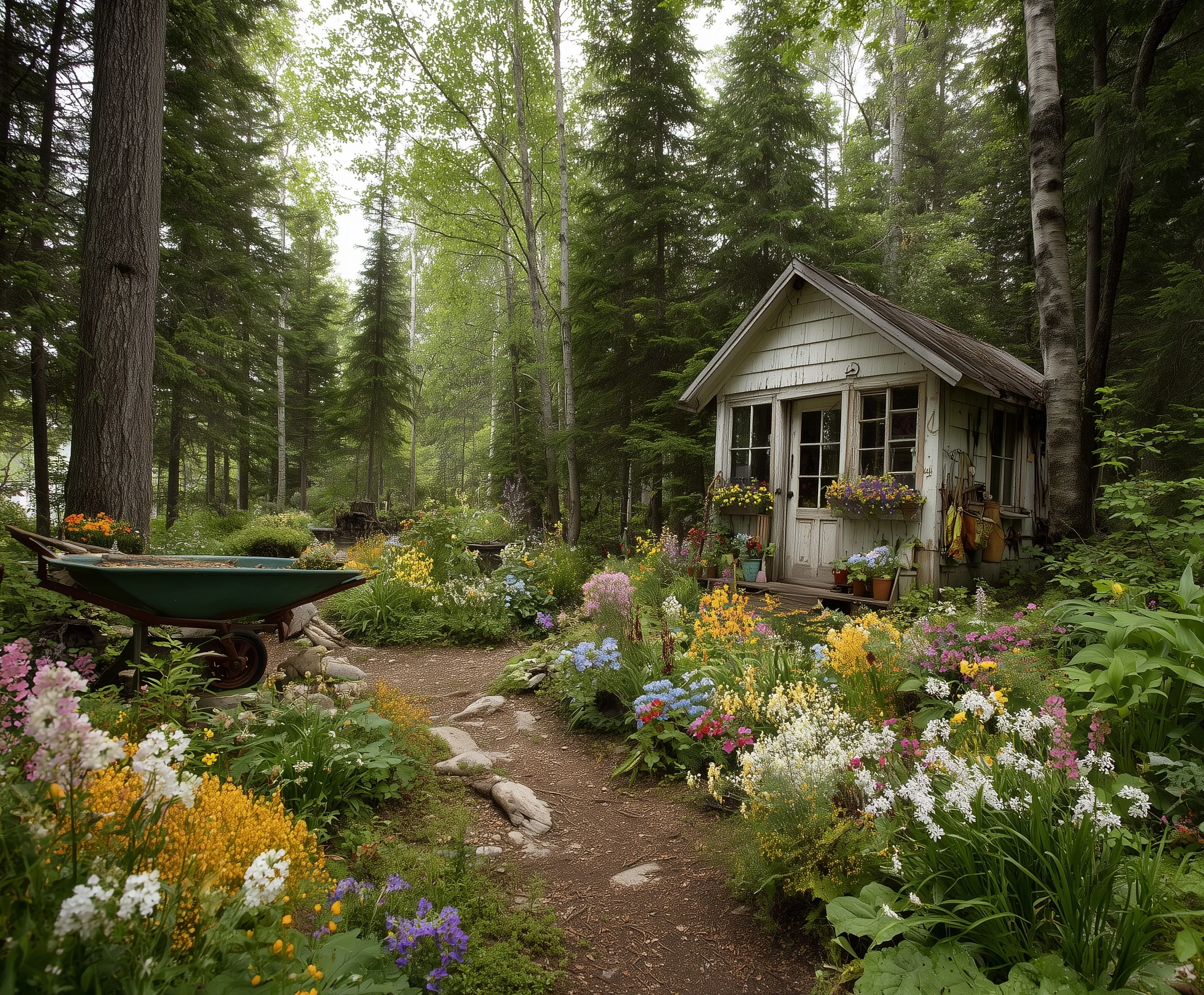 A charming cottagecore garden featuring a rustic wheelbarrow and potting shed in a vibrant, sunlit forest clearing.