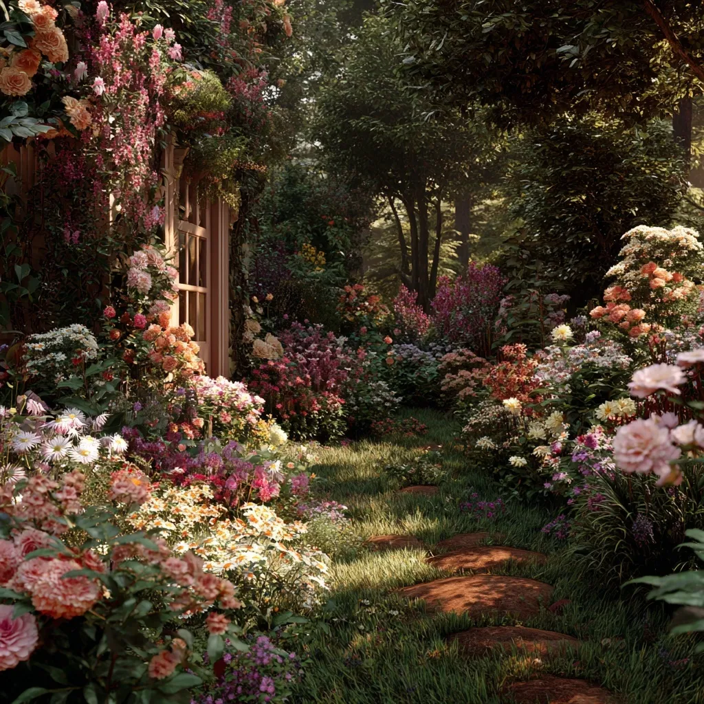 A realistic, lush cottagecore flower garden filled with vibrant blooms and wild greenery.