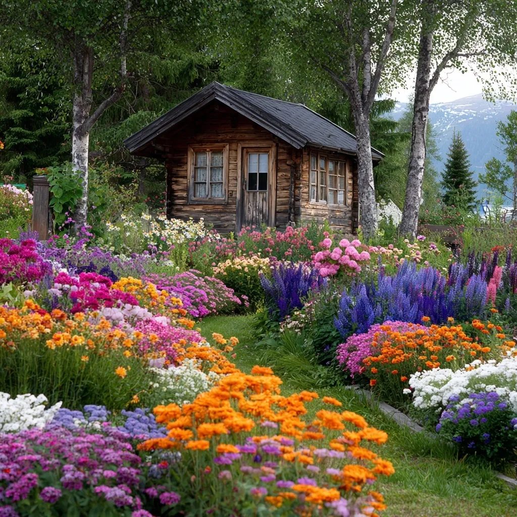 A charming wooden cottage nestled in a vibrant, blooming flower garden with colorful perennial plants.