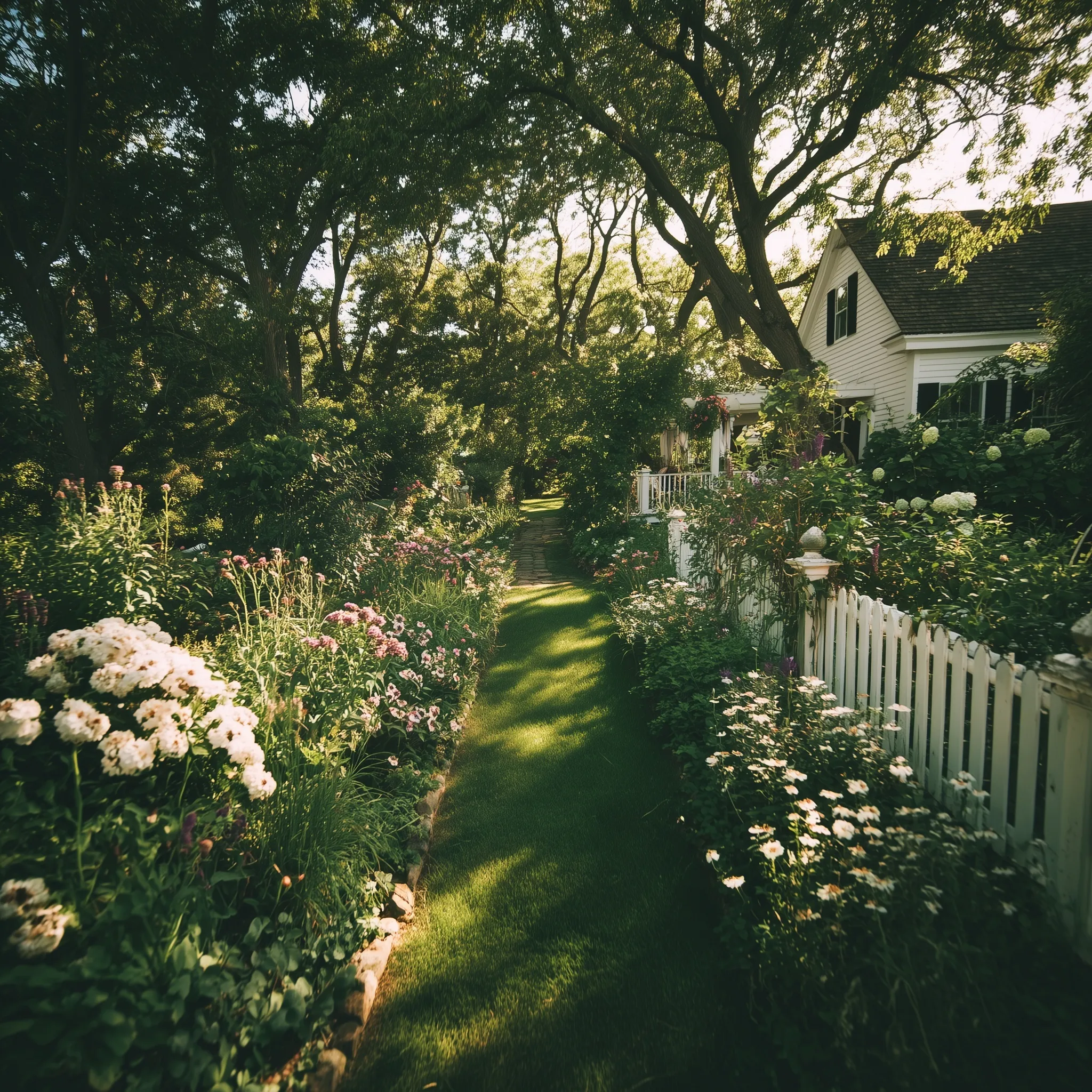 A vibrant cottagecore flower garden in a lush USA backyard featuring colorful wildflowers and rustic charm.