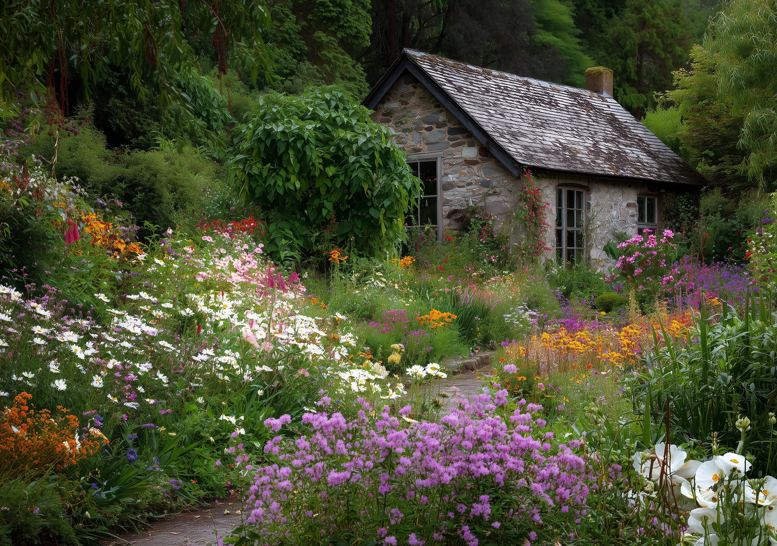 A vibrant cottagecore flower garden featuring a variety of real, blooming flowers in ultra-high quality.