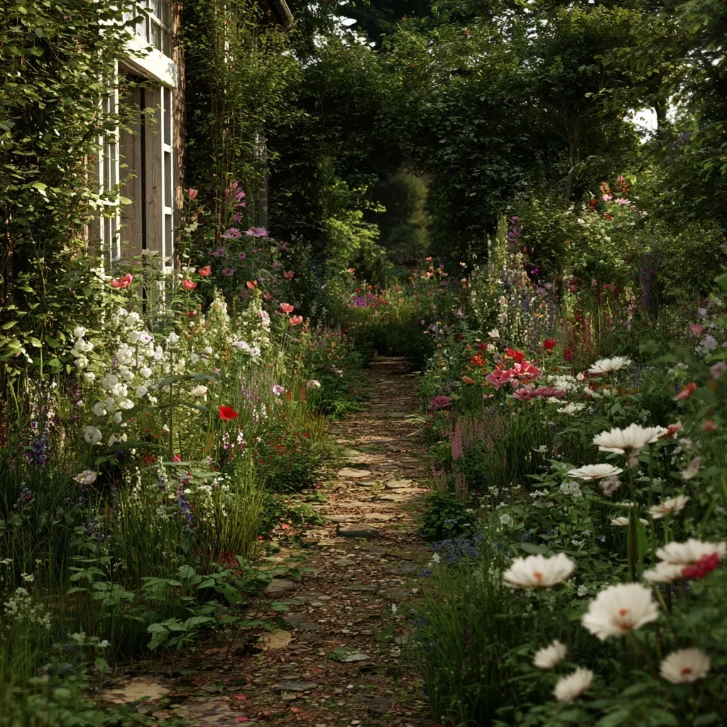 A charming English cottagecore flower garden with vibrant blooms in a realistic, lush outdoor setting.