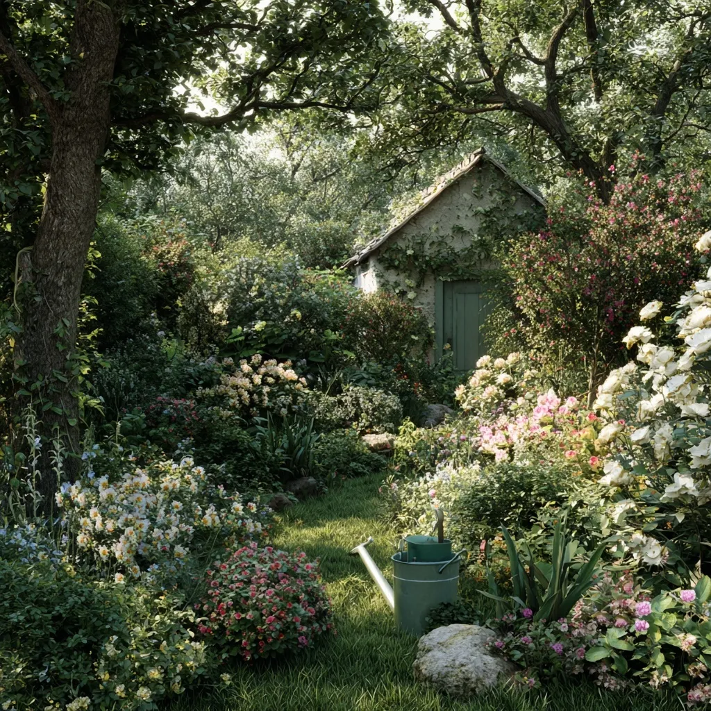 A photorealistic, lush cottagecore flower garden blooming with vibrant wildflowers in a well-maintained yard.