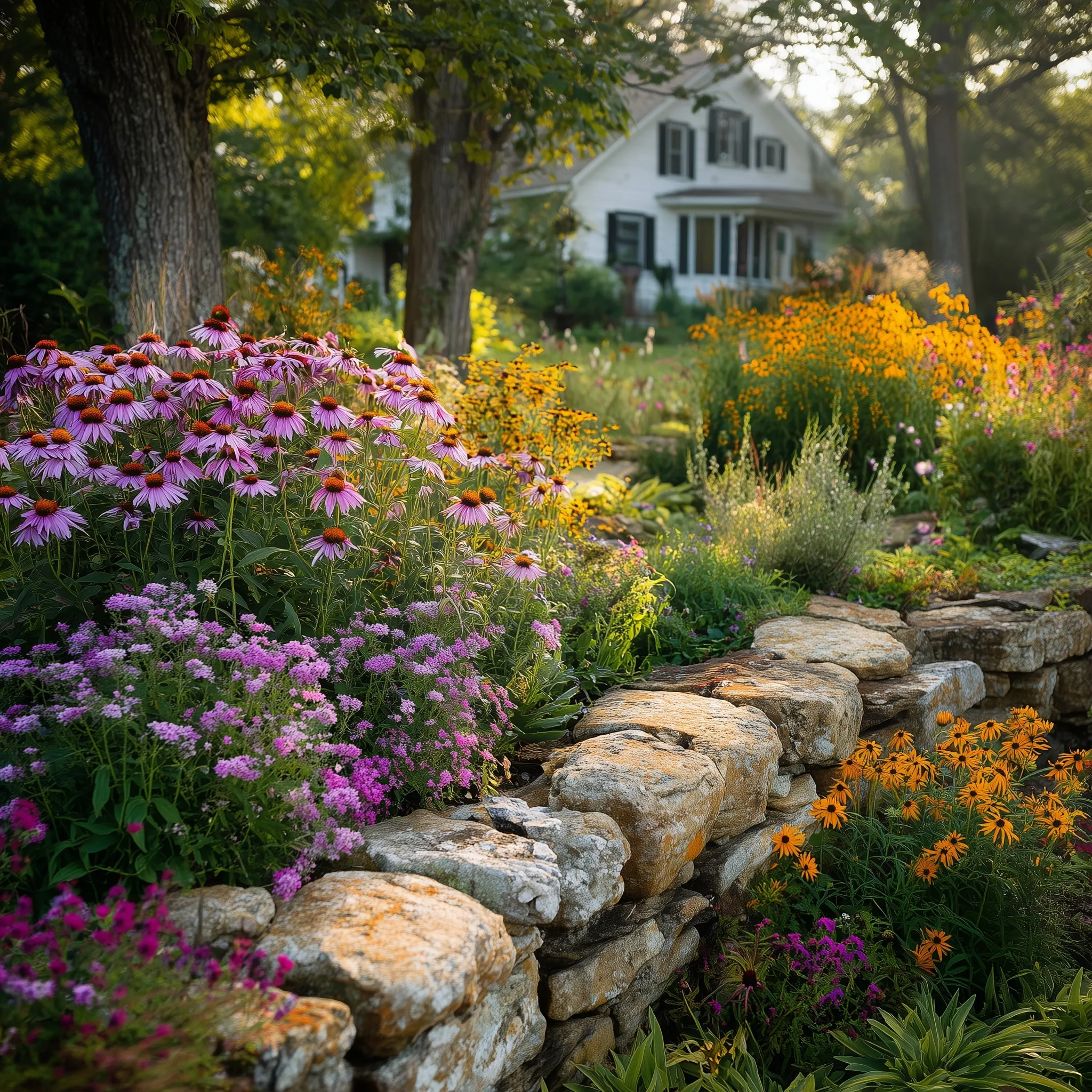 A vibrant cottagecore garden bed featuring blue bluestar, pink coneflowers, yellow coreopsis, and lush green sedum.