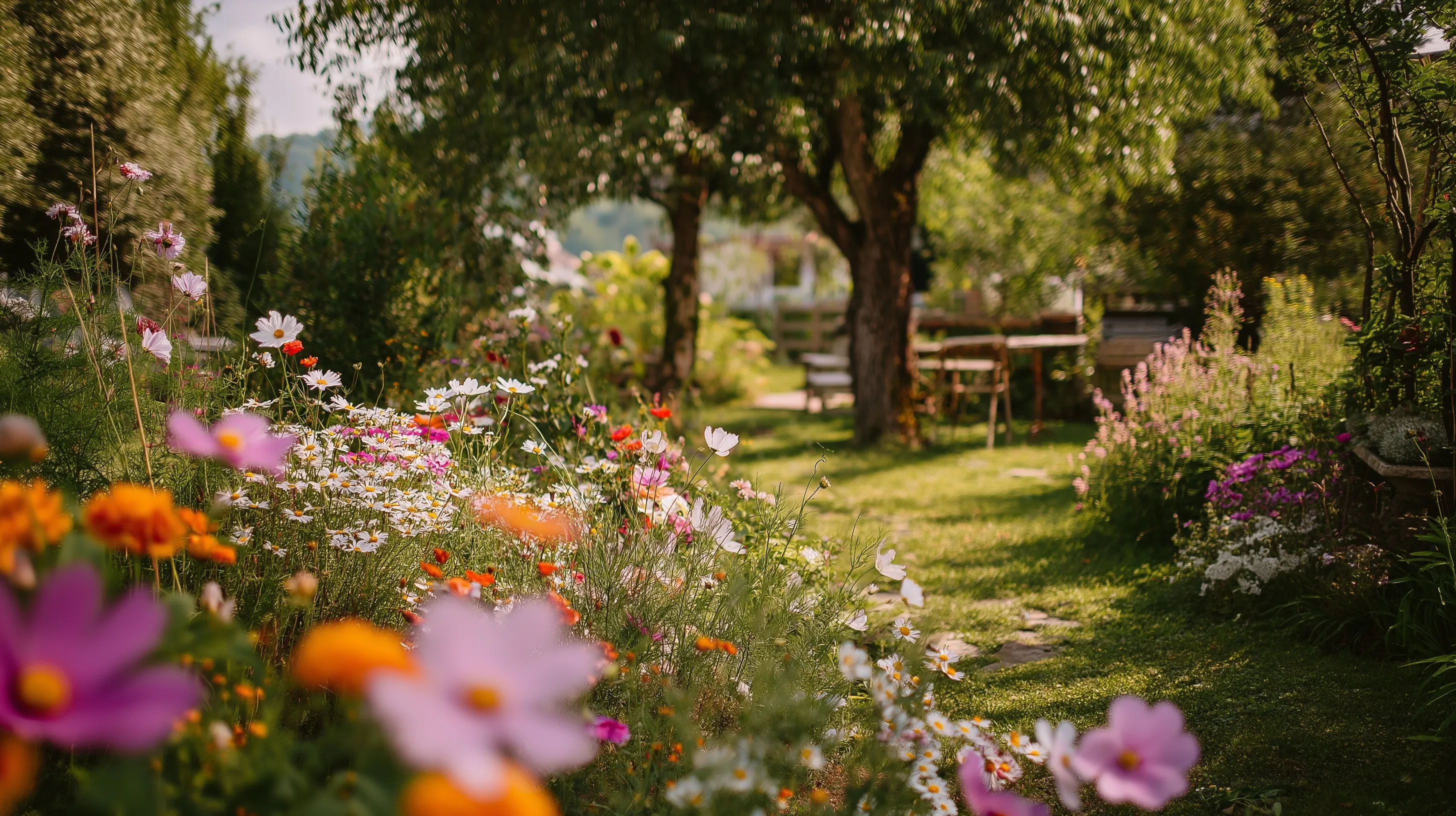 A vibrant cottagecore flower garden featuring a variety of colorful blooms in a lush, natural country landscape.
