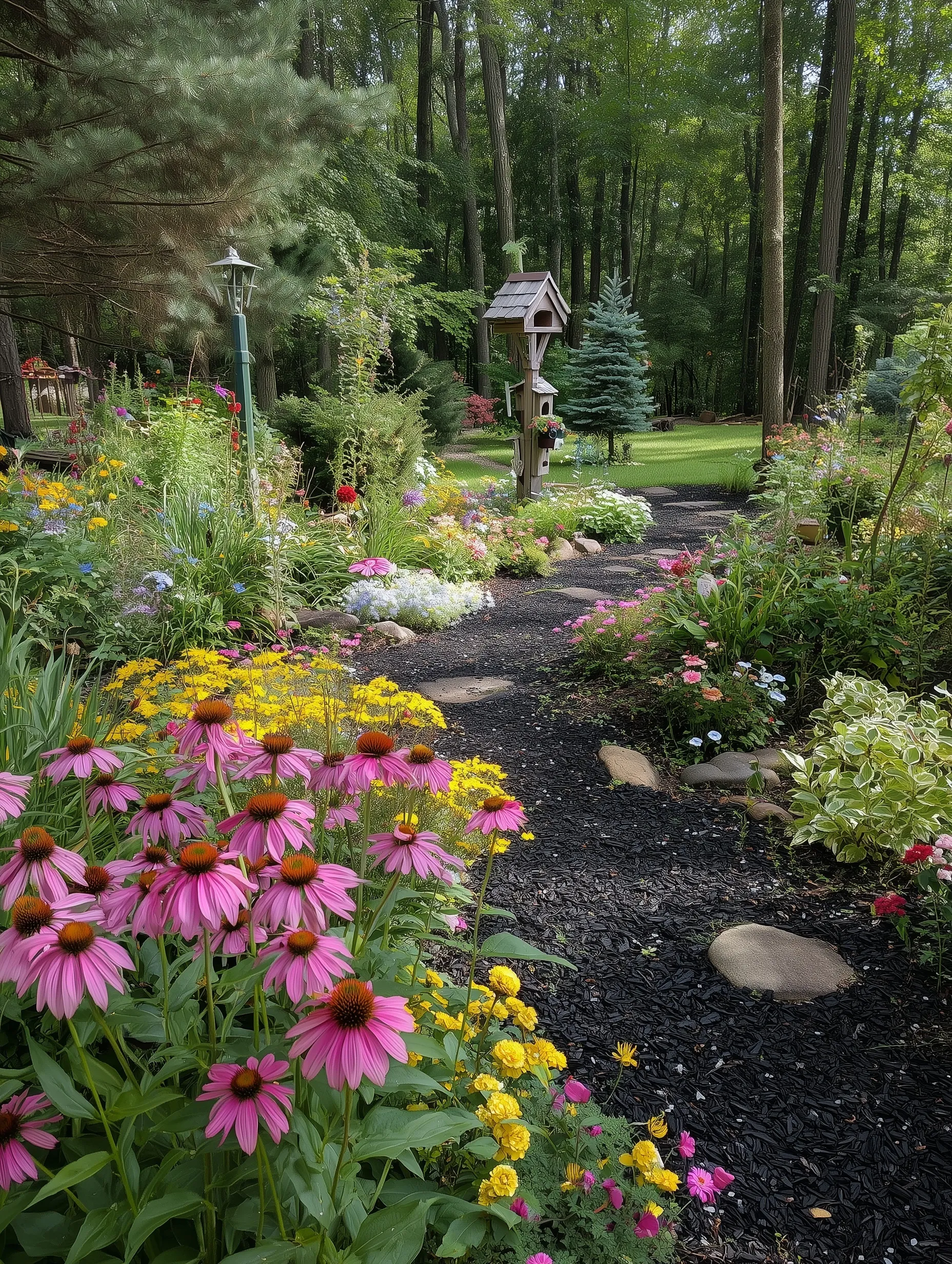 A vibrant cottagecore garden with colorful zinnias, echinacea, and stone paths, mulched with fresh black mulch.