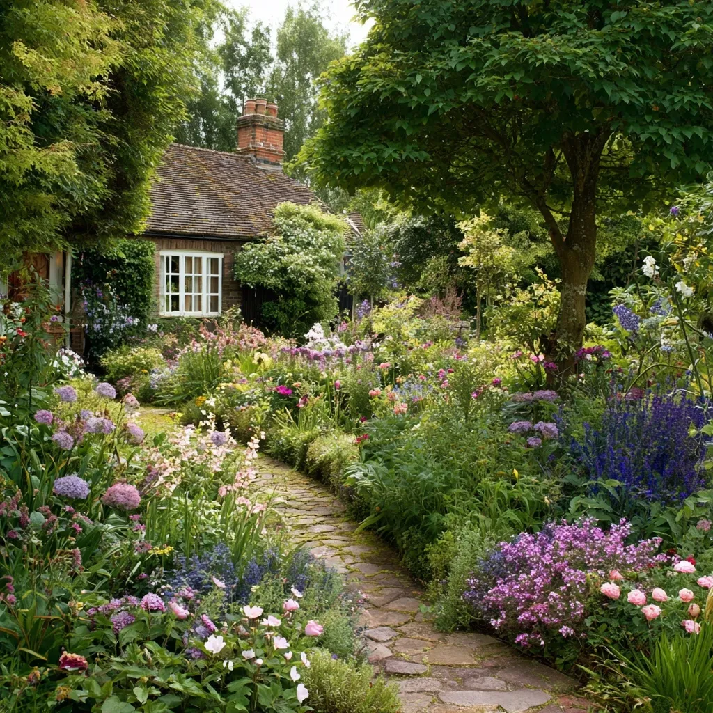 A vibrant cottagecore flower garden featuring a lush variety of blooming perennials in a rustic backyard setting.