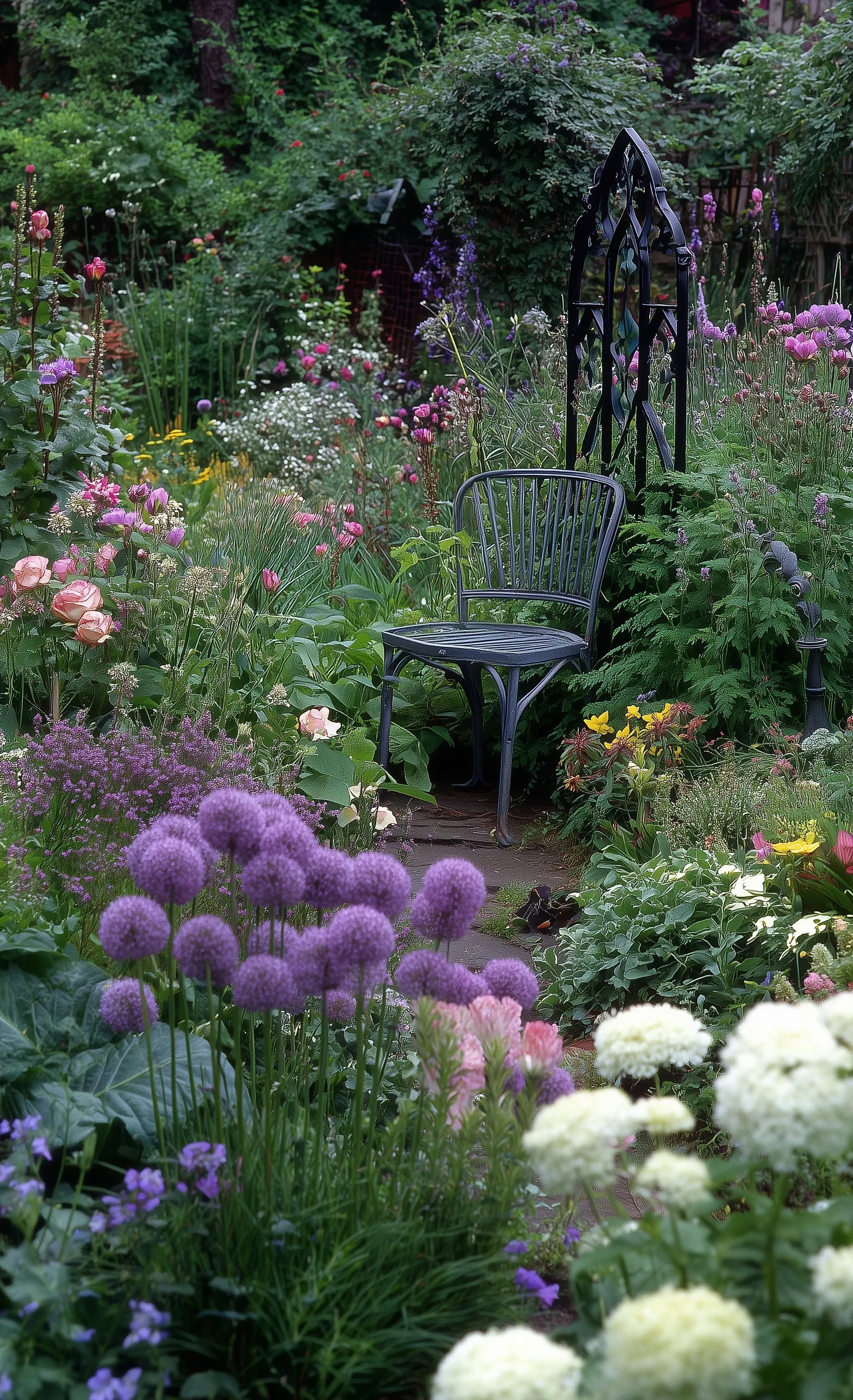 Iron chair in a vibrant cottagecore garden with roses, alliums, and colorful wildflowers.