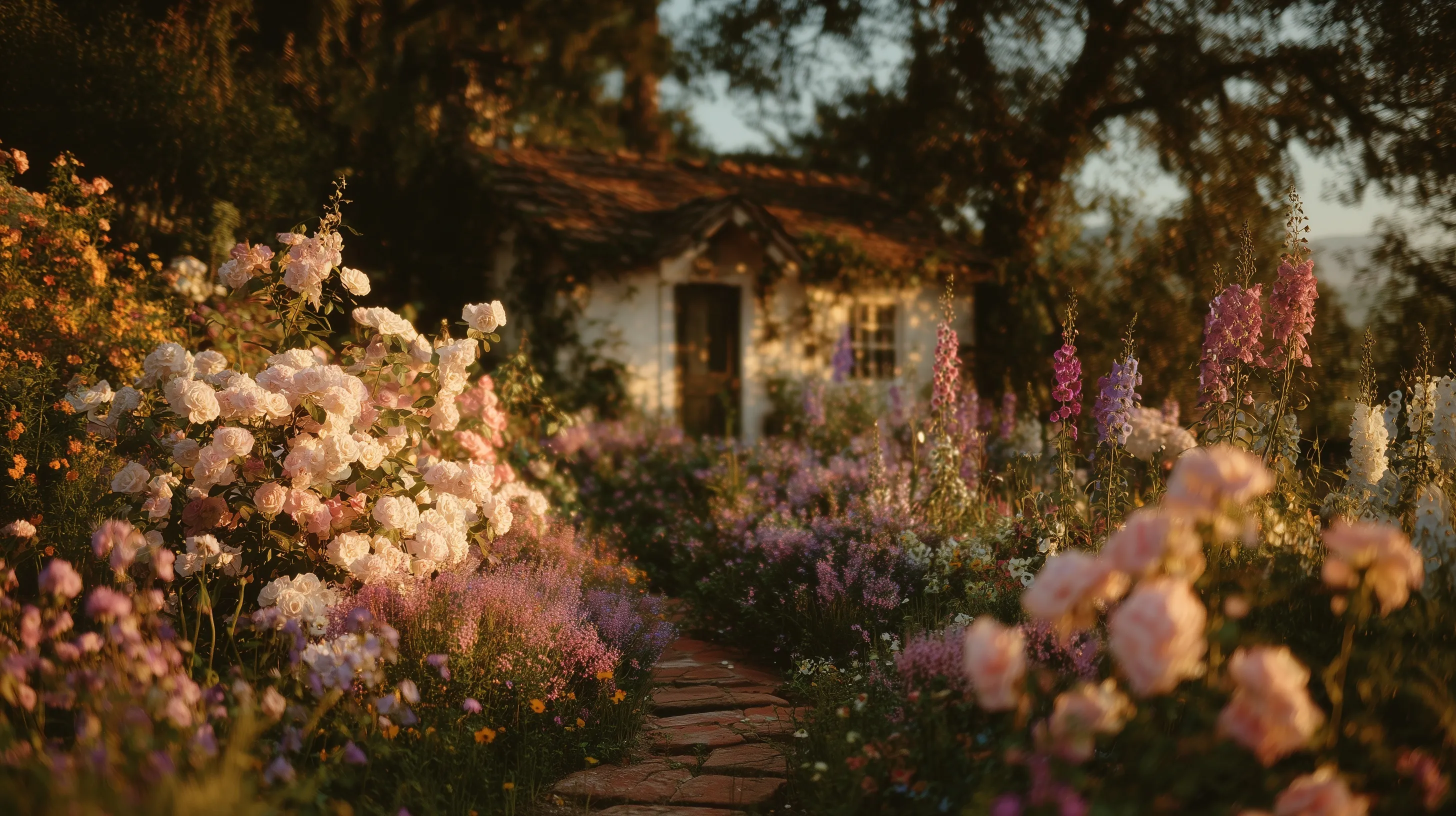 A charming cottage entrance with a winding brick path through a vibrant garden of roses, lavender, and delphiniums.