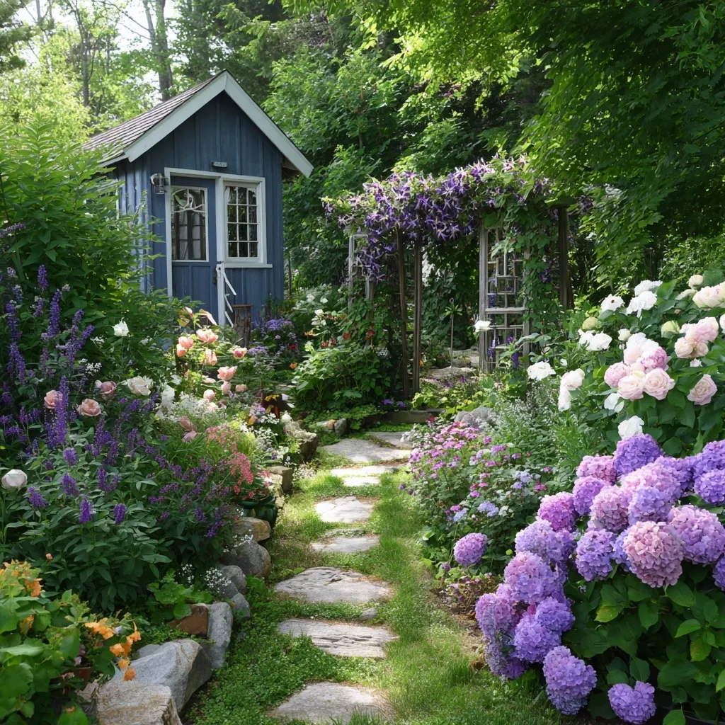 A charming cottagecore garden featuring colorful roses, hydrangeas, and a blue shed with a winding stone path.