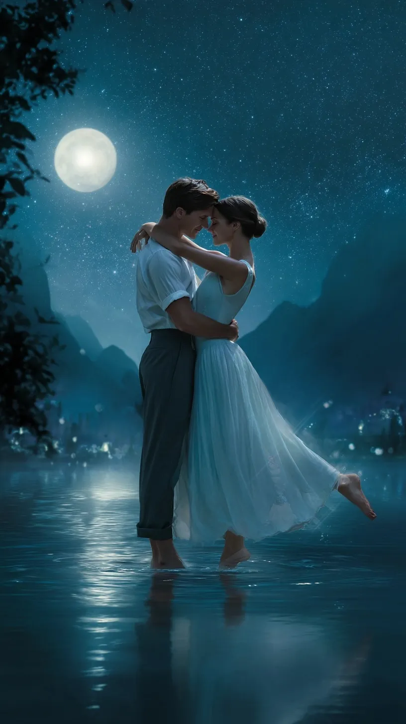 Romantic couple dancing barefoot on a moonlit shore at night with an ethereal, dreamlike water reflection.