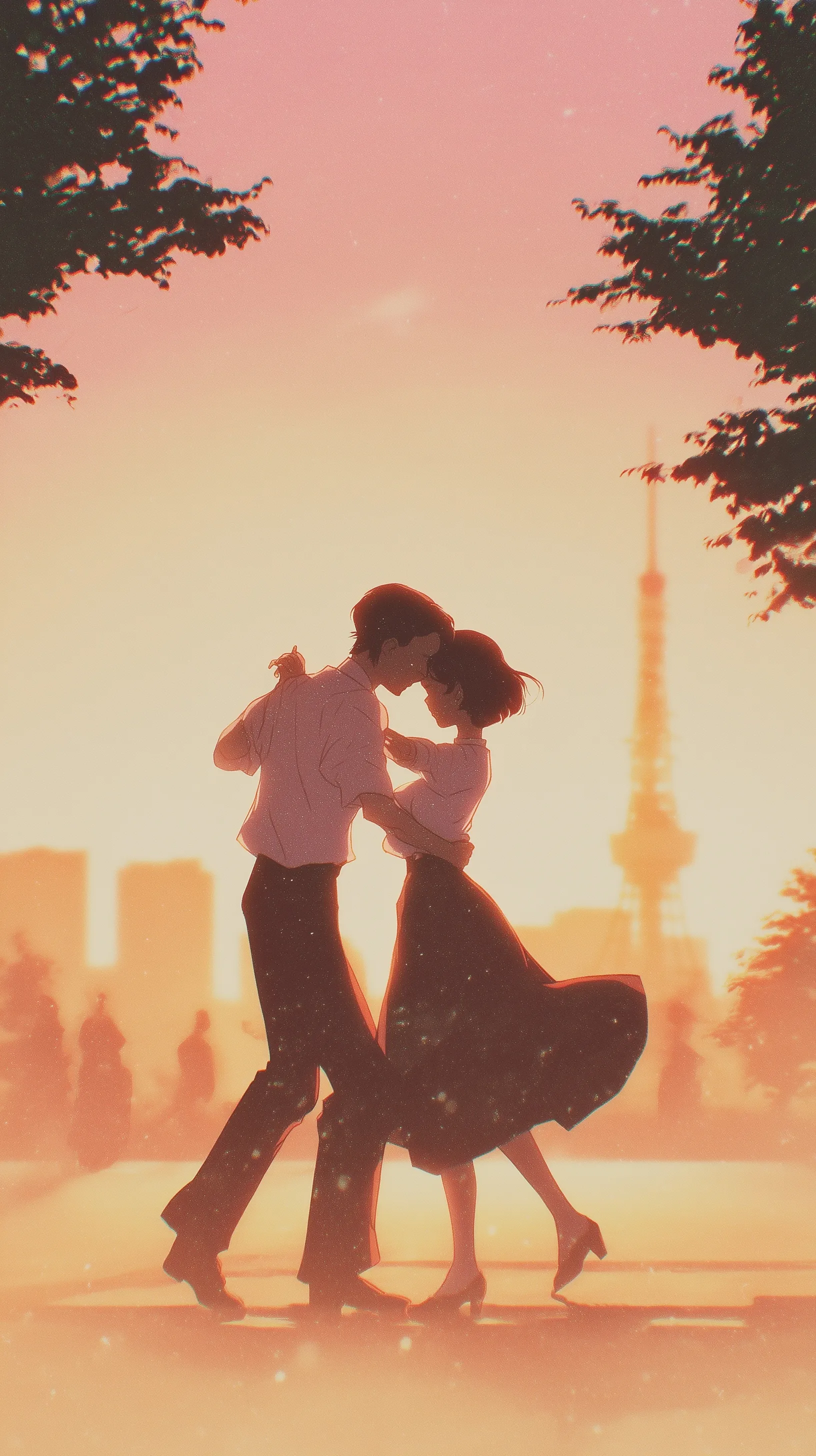 Anime-style couple dancing tango at Shiba Park in 1960s Tokyo with a nostalgic, glowing sunset film aesthetic.