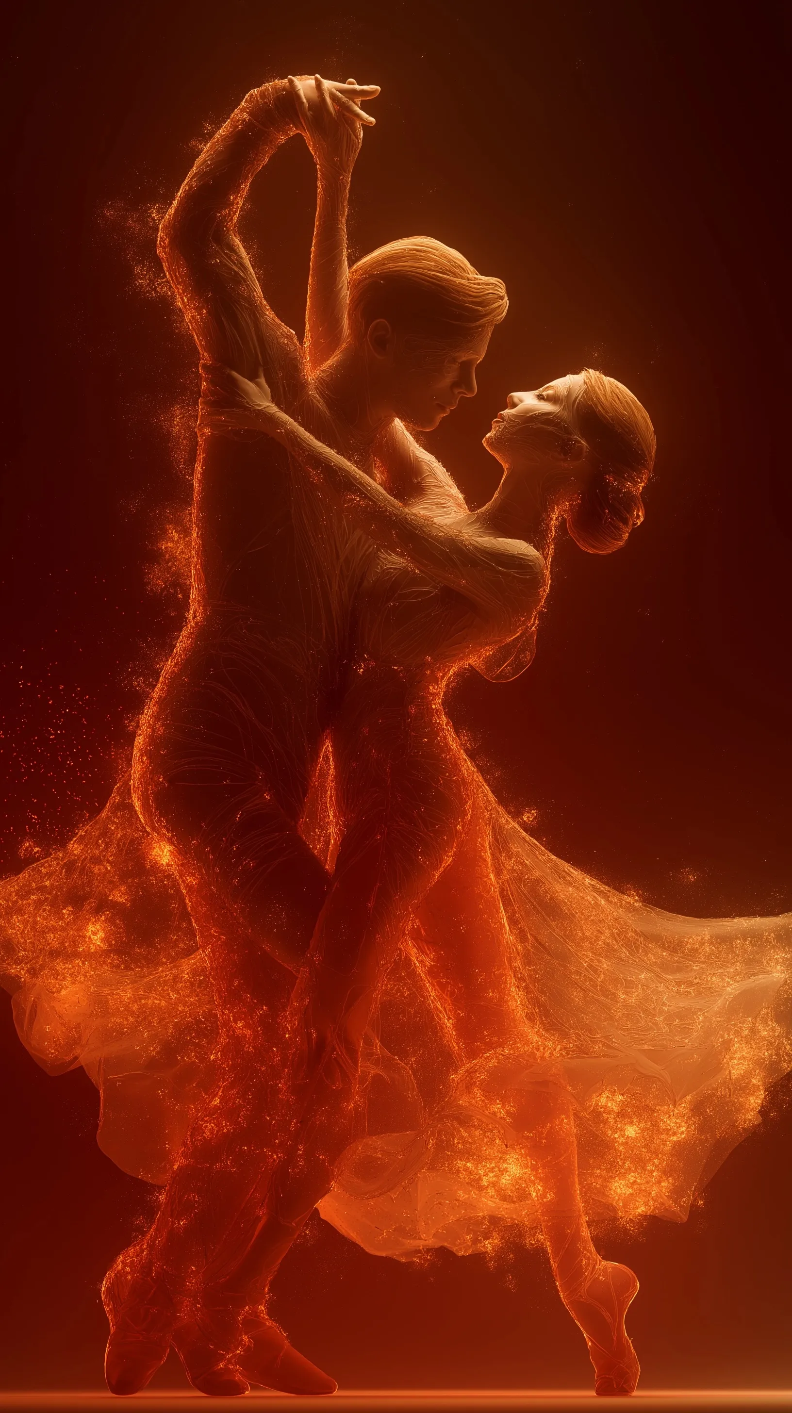 A couple performing an elegant Latin dance lift in flowing flame-effect costumes against a dark red background.
