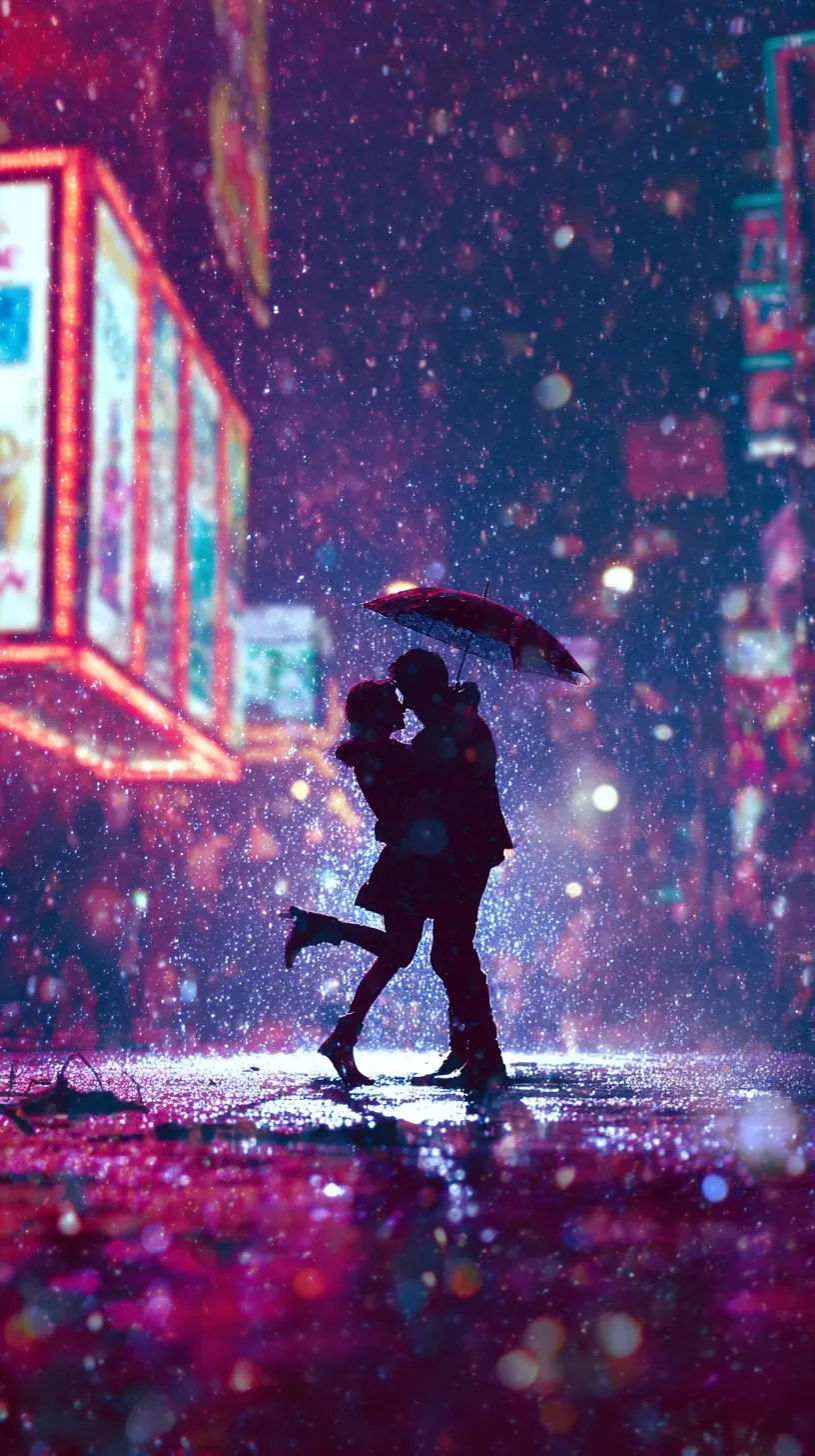 A romantic couple dancing in a neon-lit rain-slicked city street with frozen raindrops, cinematic 80s aesthetic.