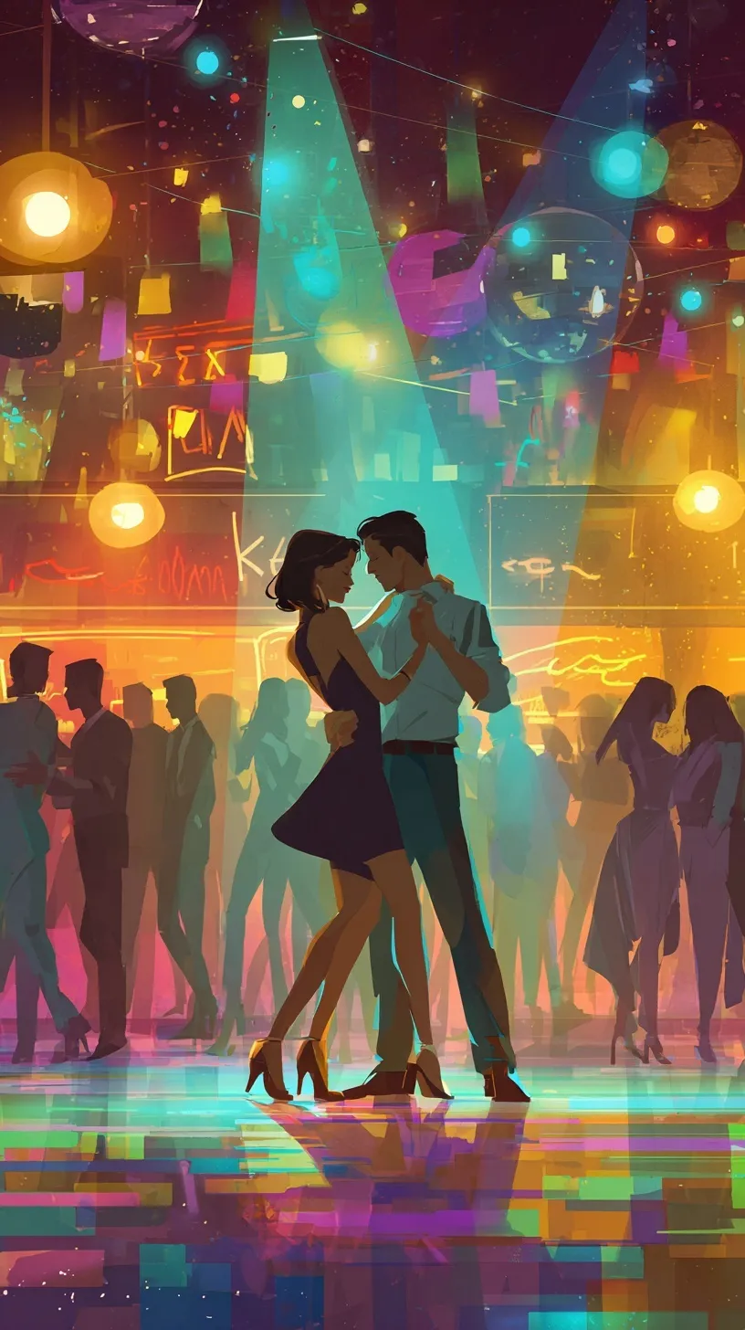 A stylish couple dancing salsa and bachata under neon lights at a vibrant Latin American nightclub.